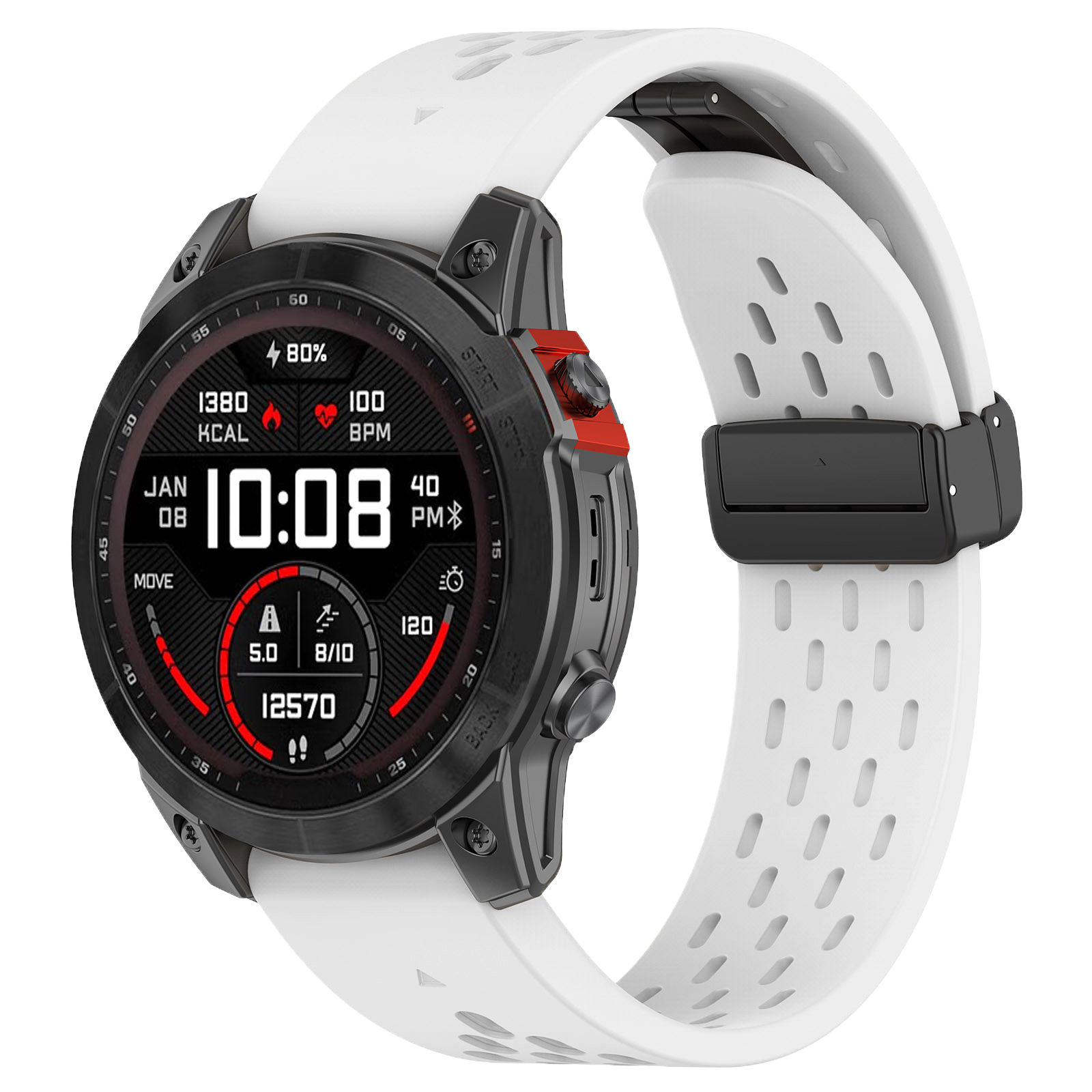 Black and white sports smartwatch with white silicone band, heart rate and calorie display, magnetic clasp strap