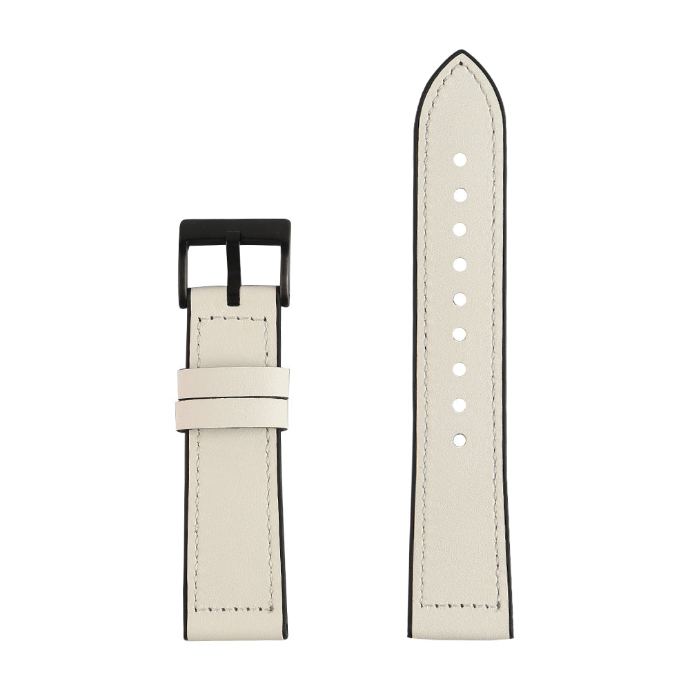 Cream leather hybrid quick release watch strap with black buckle and adjustment holes