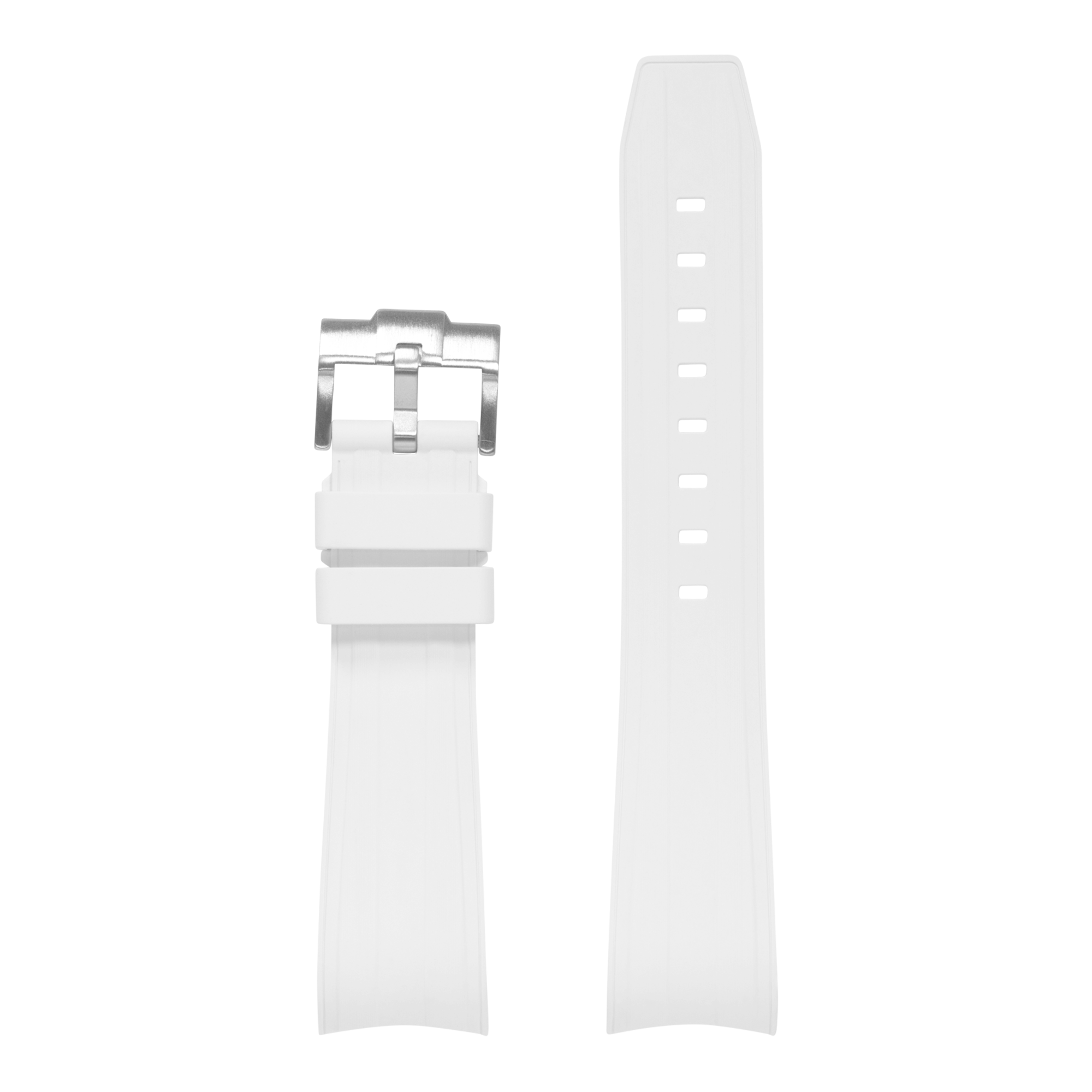 White curved rubber watch band for Rolex Submariner with silver buckle and drainage holes, 21mm width