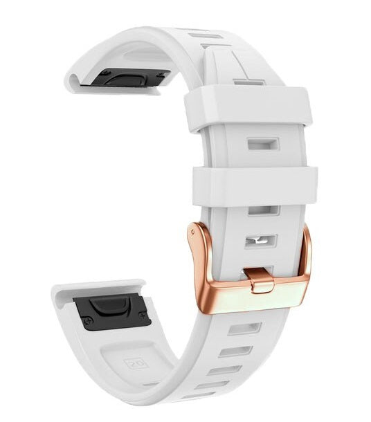 White silicone QuickFit 20mm watch band with rose gold hardware and black smartwatch display module