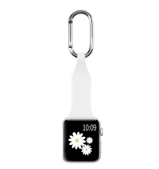 Silver carabiner clip with white silicone watch case attached to Apple Watch displaying white daisy flowers on black screen