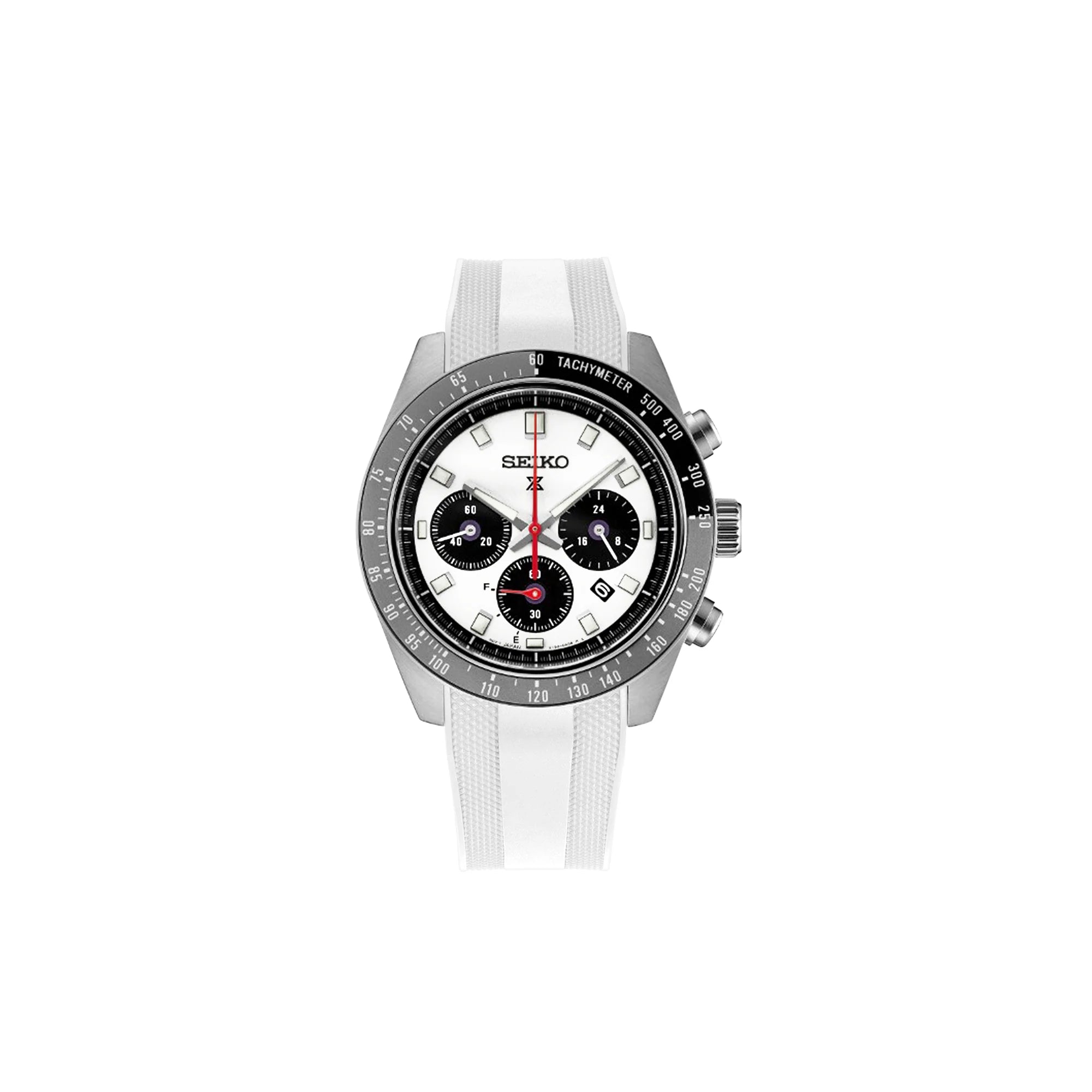 Seiko Prospex SPEEDTIMER chronograph watch with white dial, black subdials, tachymeter bezel, and white rubber strap