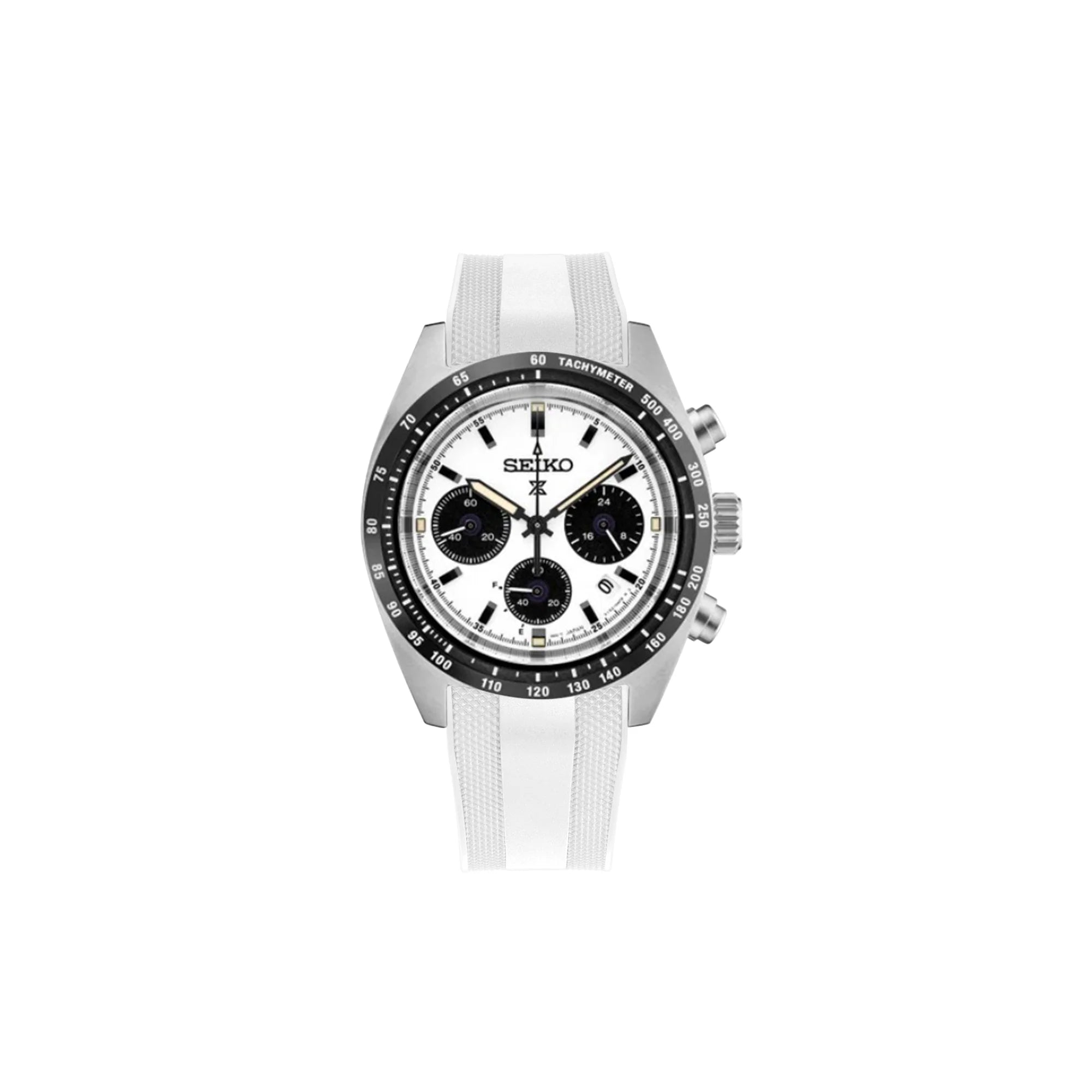 Seiko Prospex SPEEDTIMER chronograph watch with white dial, black subdials, tachymeter bezel, and white rubber strap
