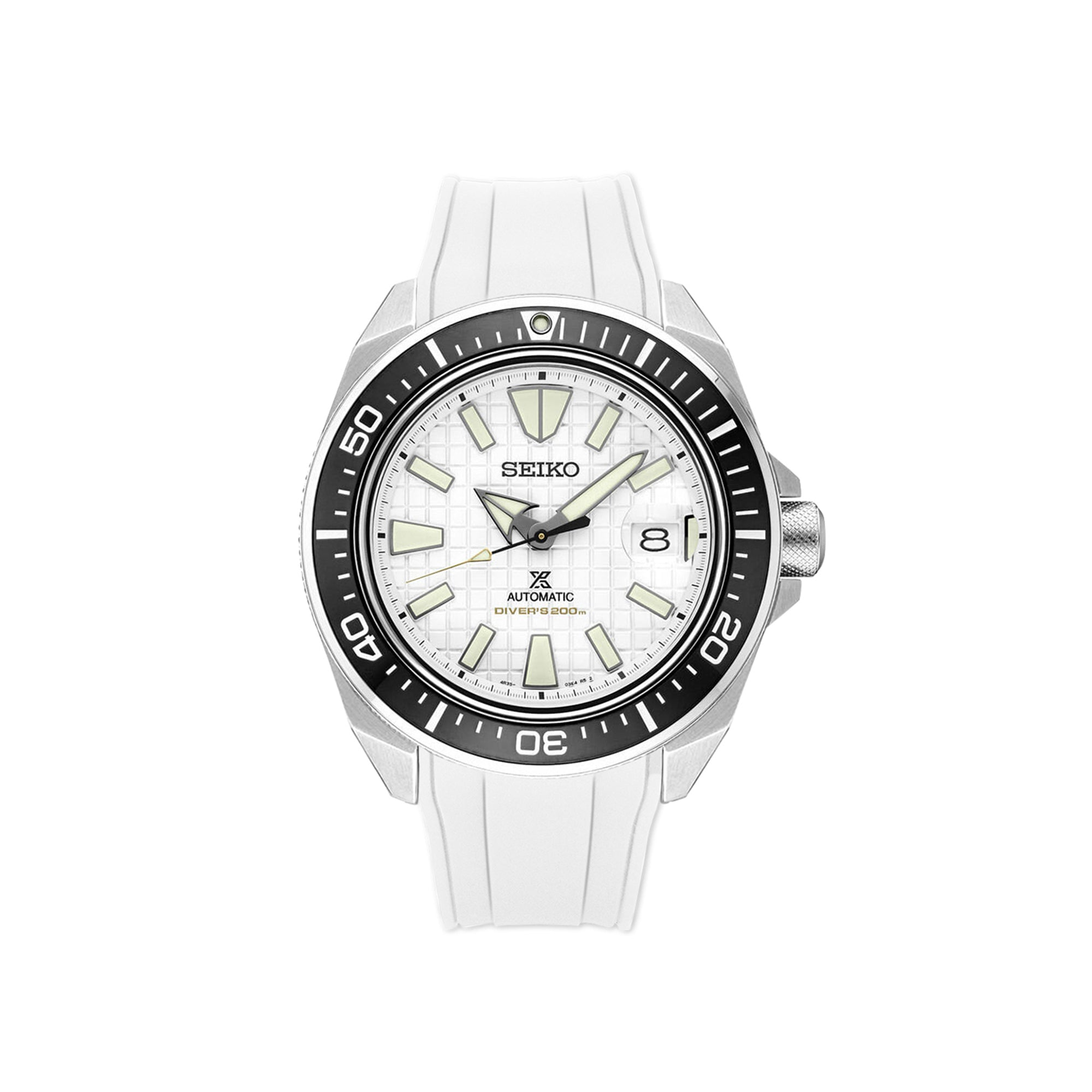 Seiko Prospex Samurai automatic diver watch with white dial, black bezel, luminous hands, and white rubber strap