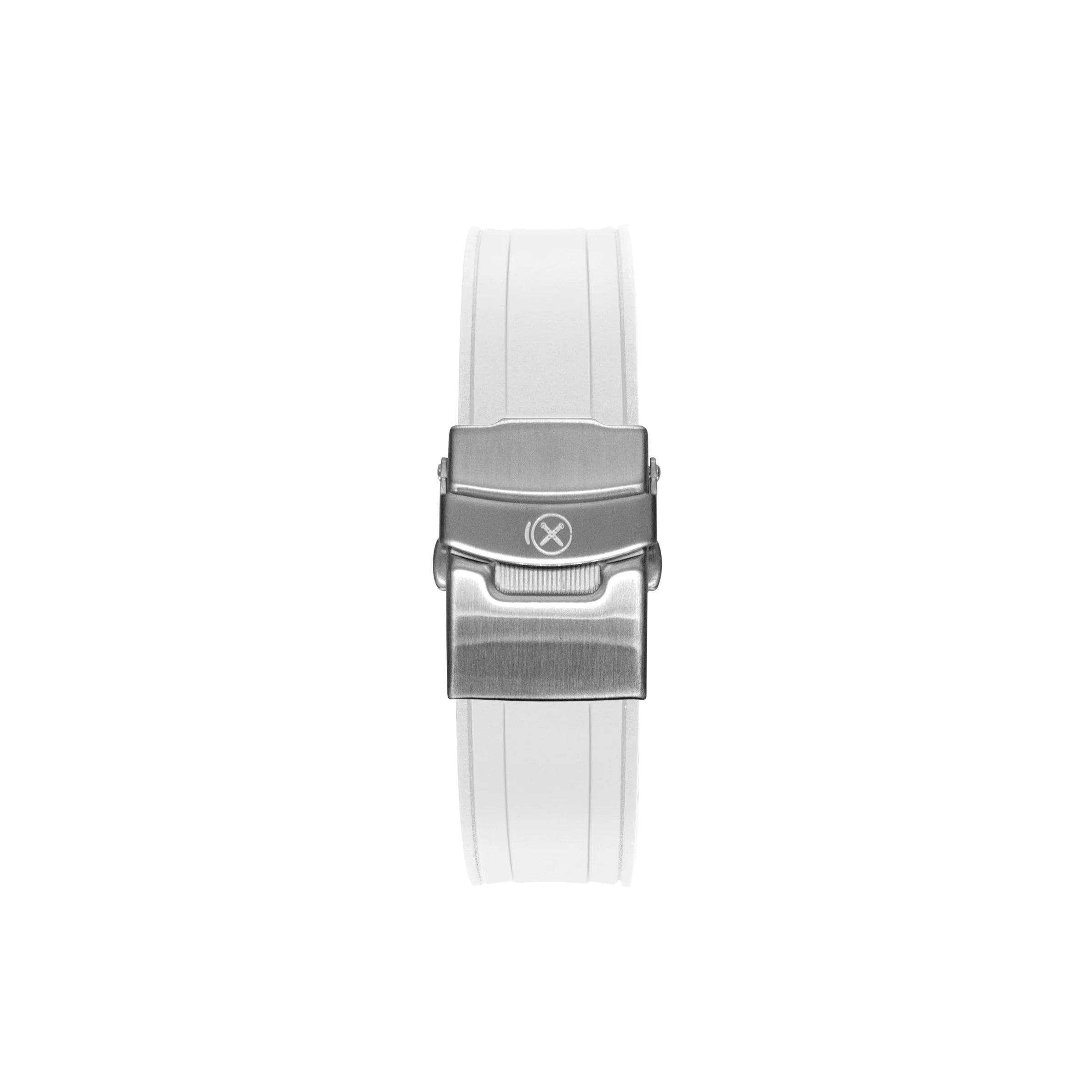 White rubber strap with curved ends and brushed steel buckle for Seiko 5 Sports GMT watch