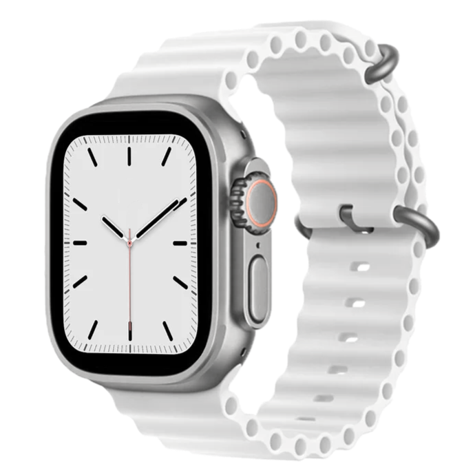 Silver stainless steel smartwatch with white ocean loop band and minimalist watch face display