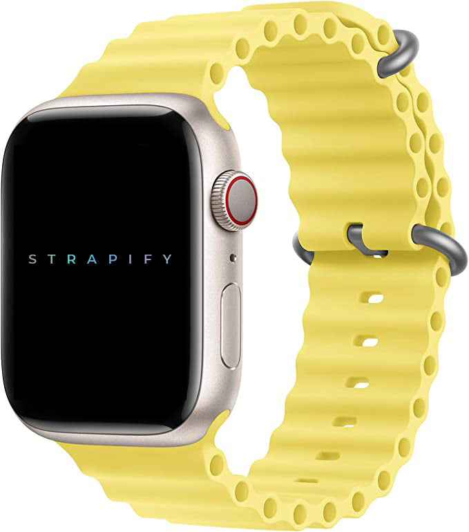 Bright yellow ocean loop band for Apple Watch with textured silicone design and titanium connectors