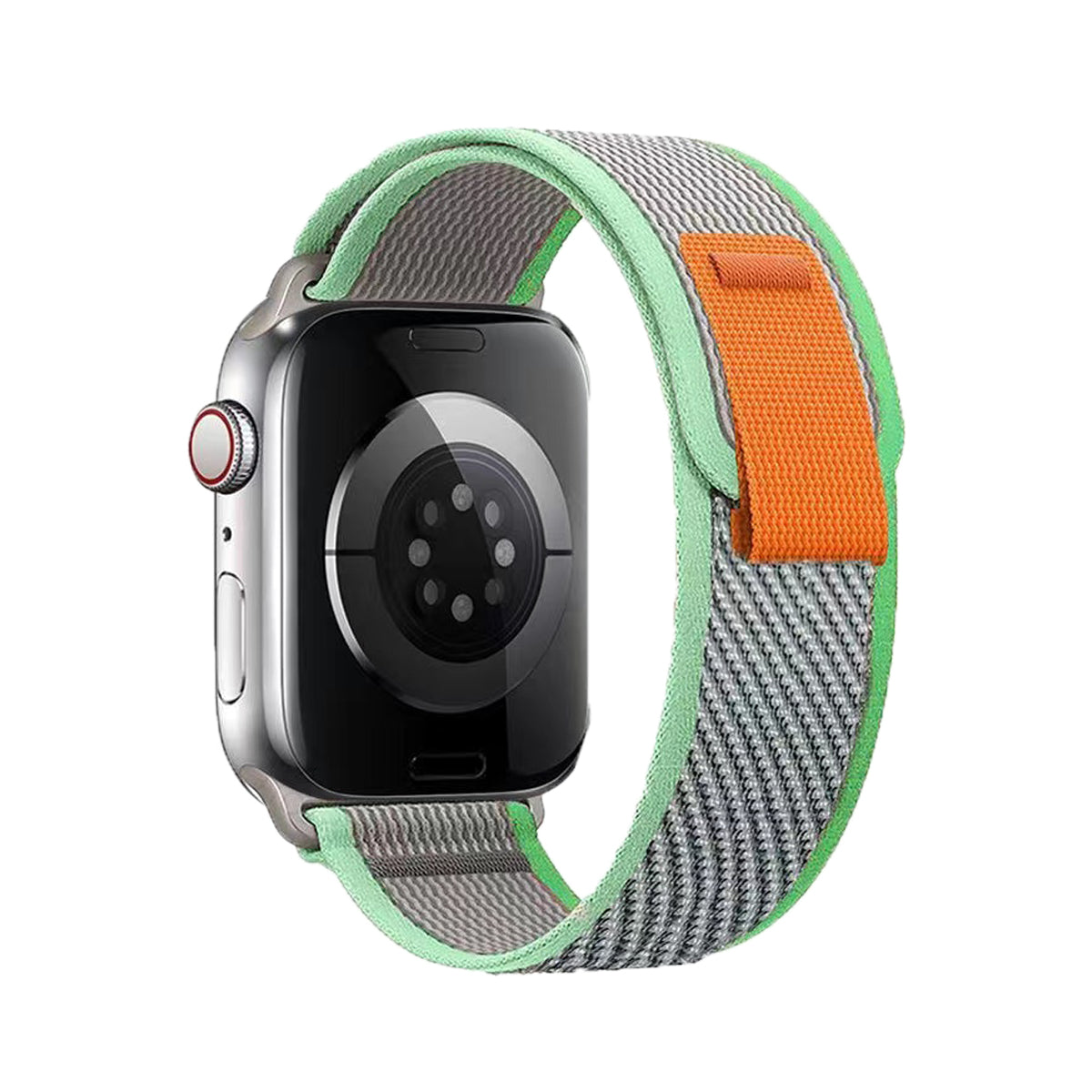 Silver Apple Watch with green and gray woven trail loop band and orange accent stripe