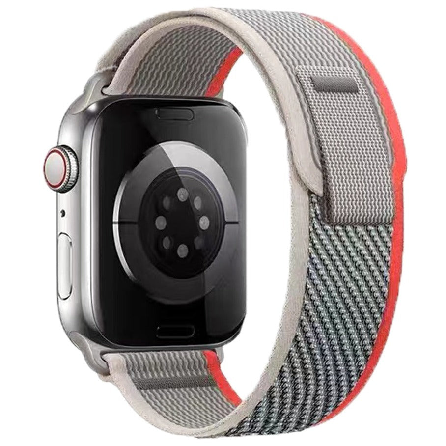 Apple Watch Series 7 silver stainless steel with gray and red Trail Loop band sport band