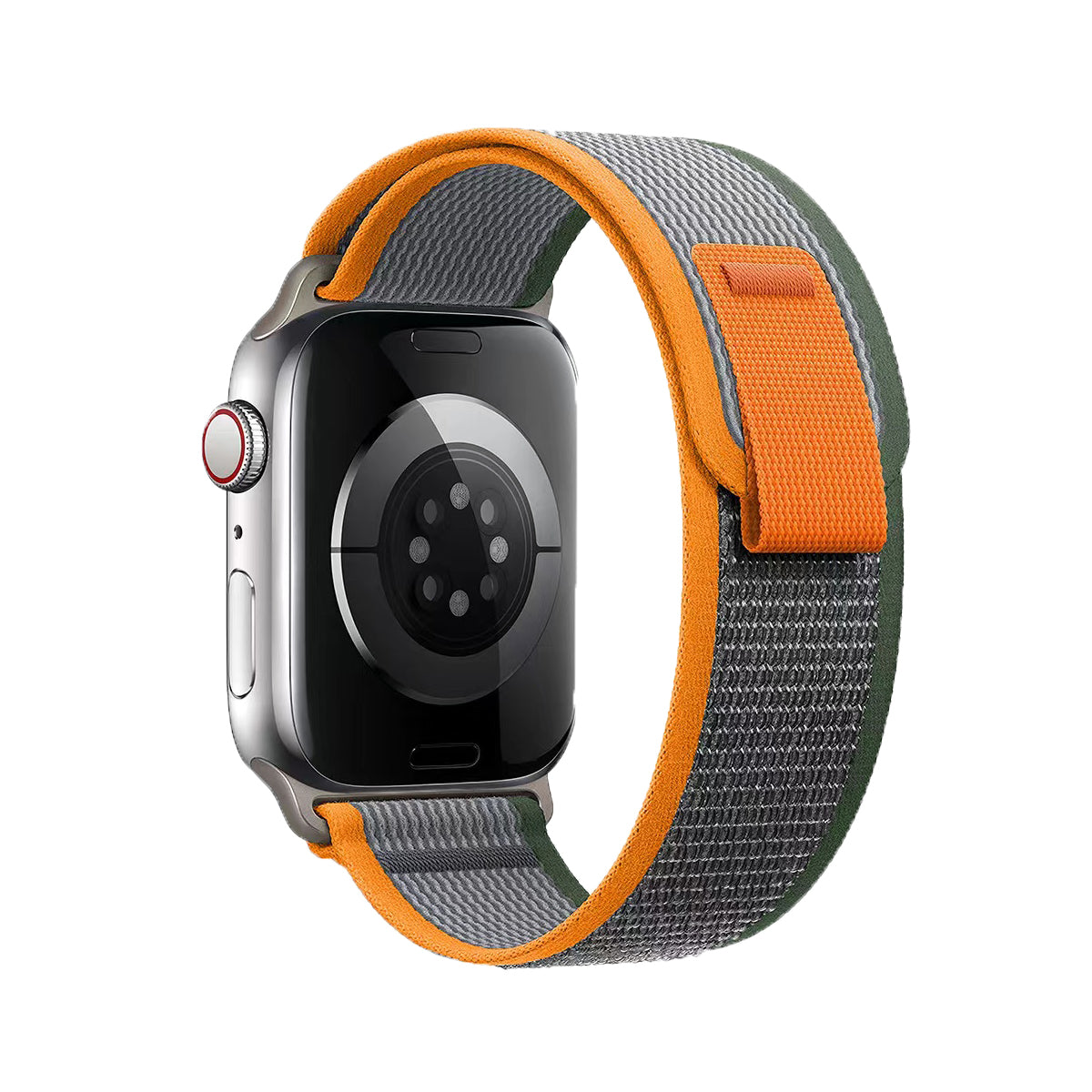 Apple Watch Series 7 with orange and gray Trail Loop band featuring woven nylon construction and adjustable fit design