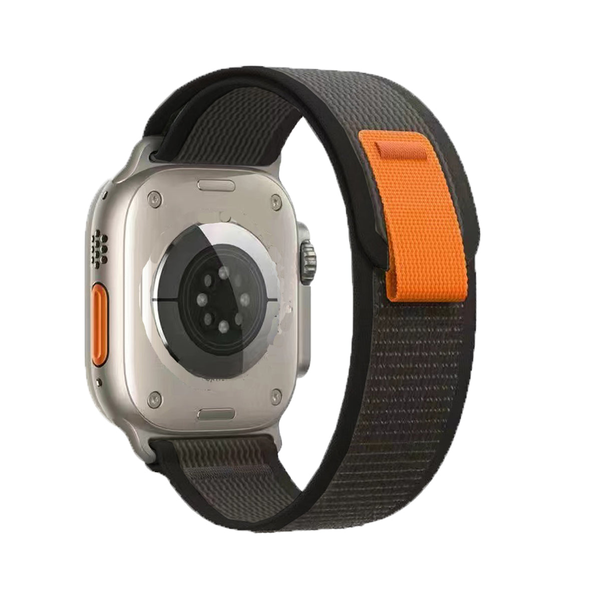 Apple Watch Ultra with titanium case and black and orange Trail Loop band featuring action button