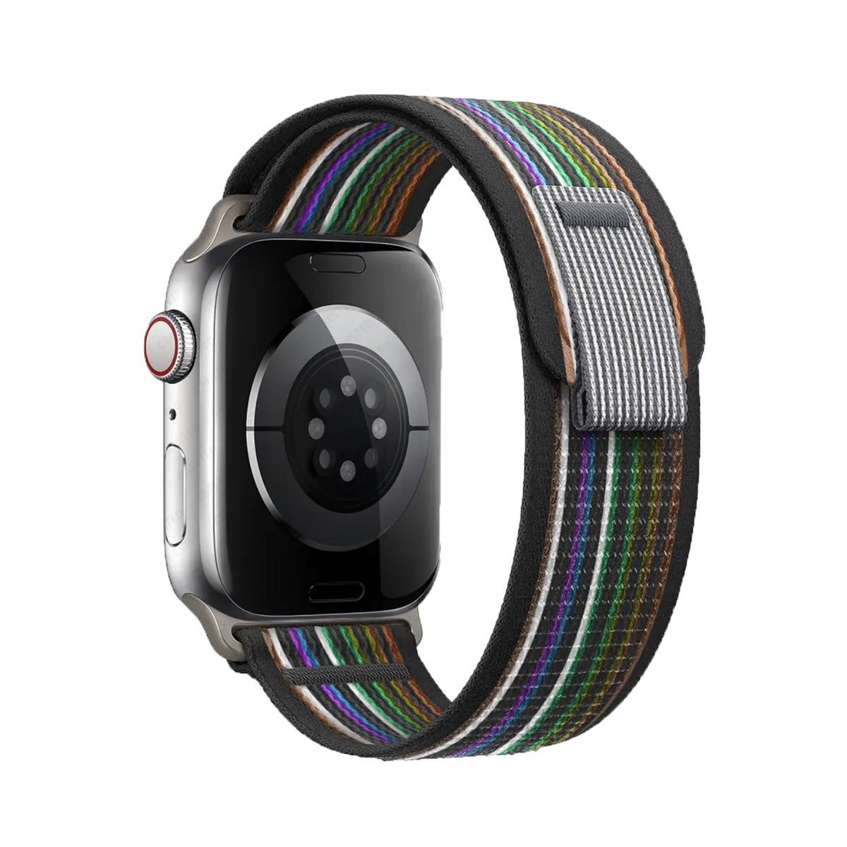 Apple Watch with colorful striped woven Trail Loop band in purple, green, orange and black with stainless steel case