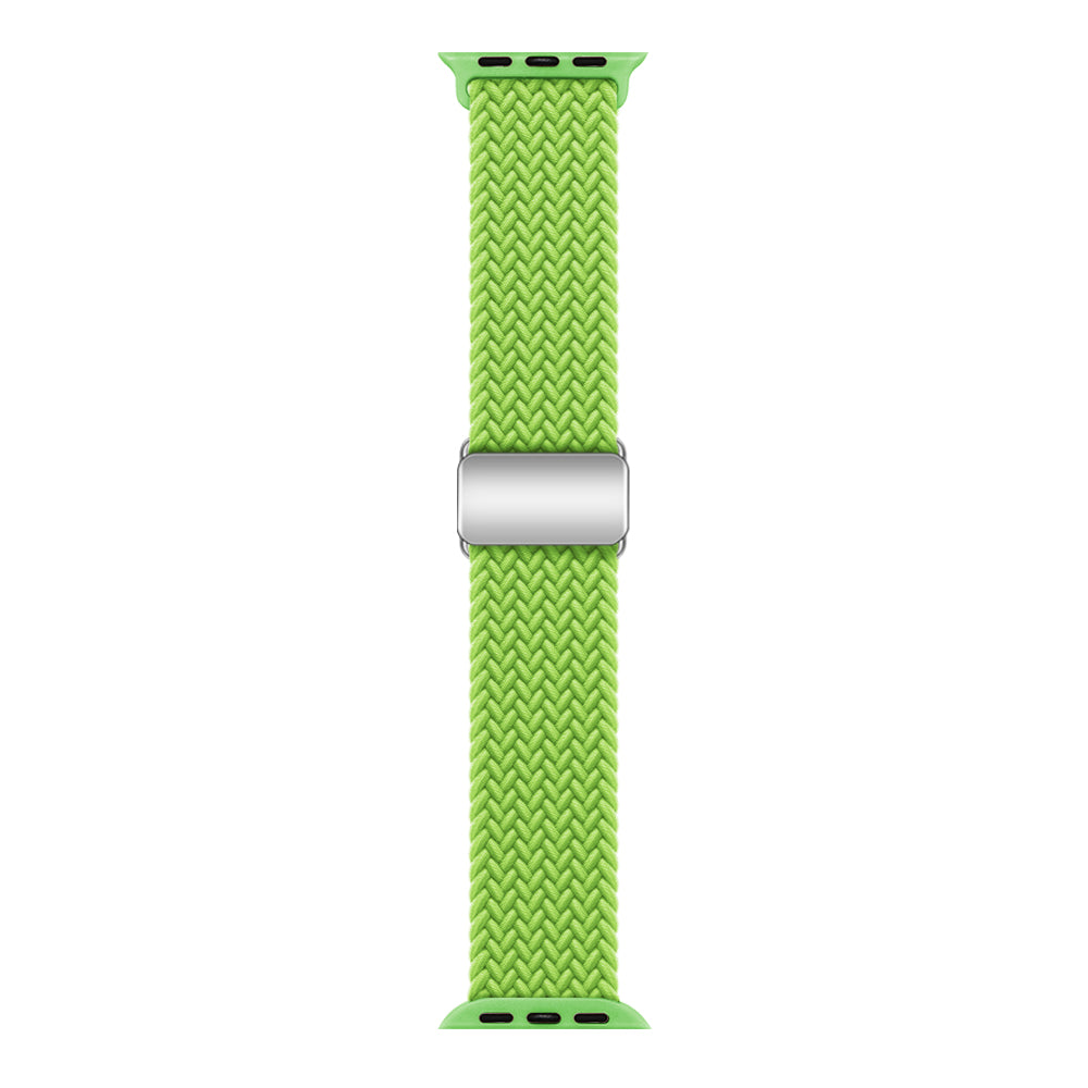 Bright green braided fabric Apple Watch band with magnetic clasp and green aluminum connector piece