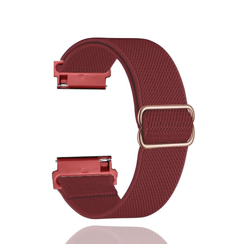 Burgundy elastic loop smartwatch band with quick release connectors and rose gold buckle