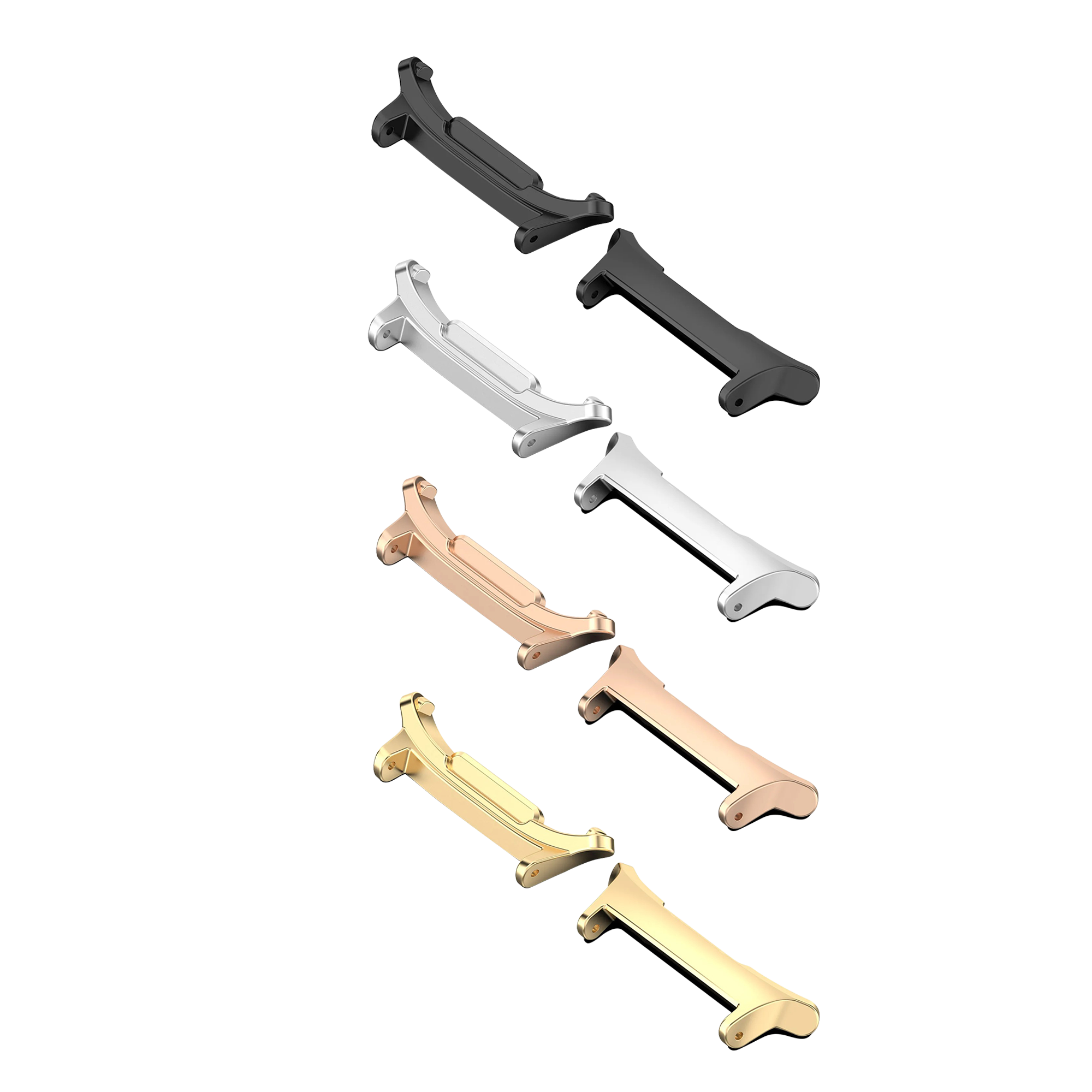 Rifle sling adapters in black, silver, white, bronze and gold finishes displayed in organized rows