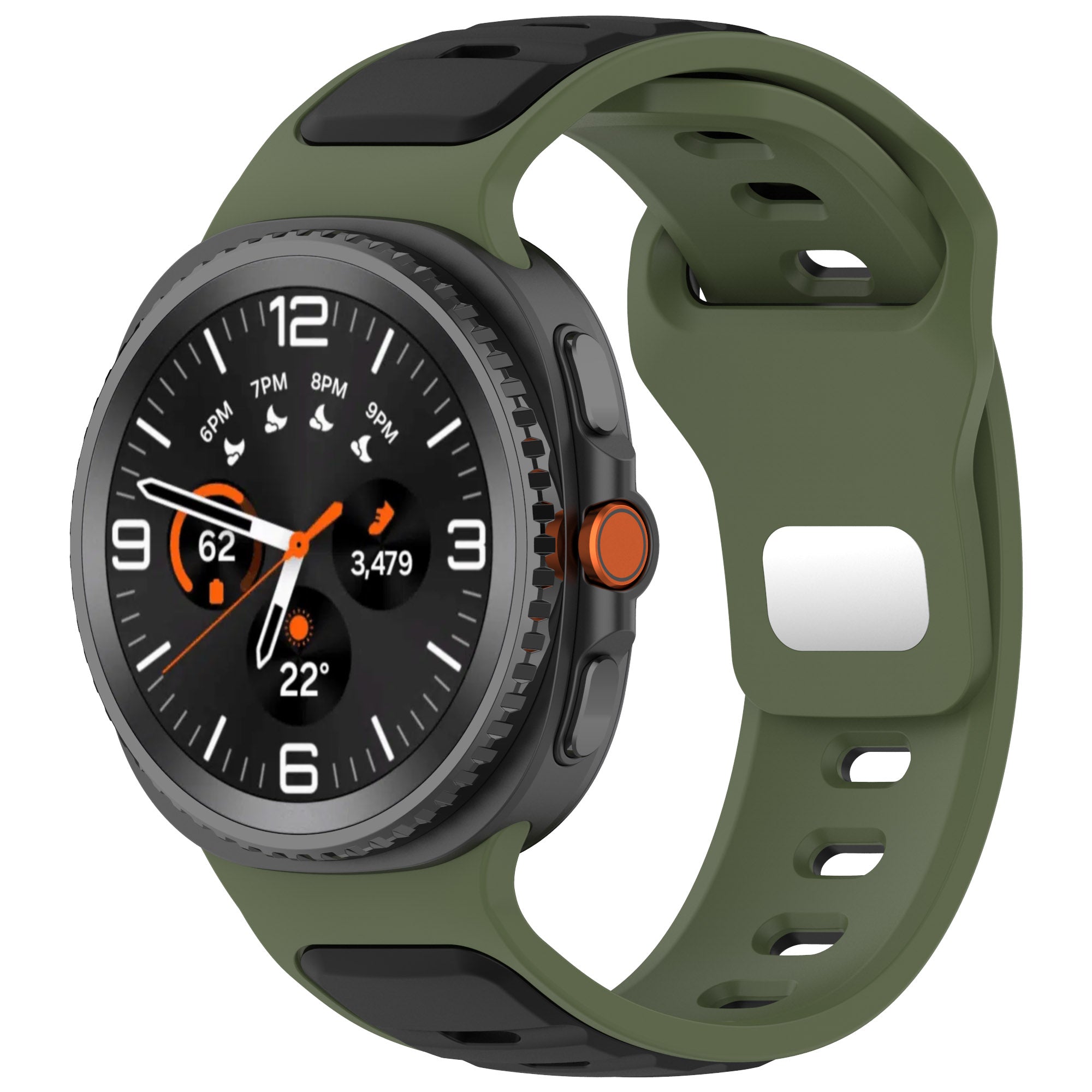 Smartwatch with dark gray case, black dial showing orange accents and heart rate monitor, paired with olive green and black two-tone silicone band