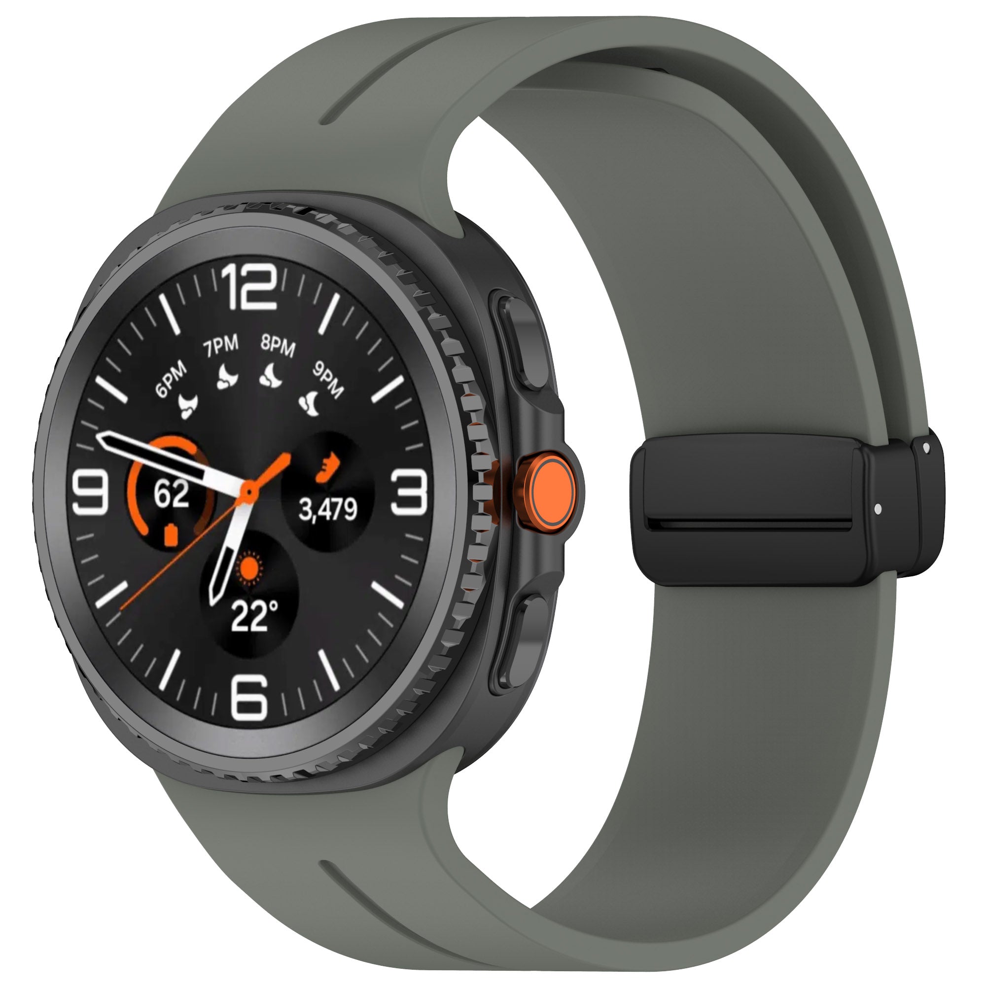 Smartwatch with gray silicone band and black case displaying time and fitness metrics, orange accent button and clasp visible