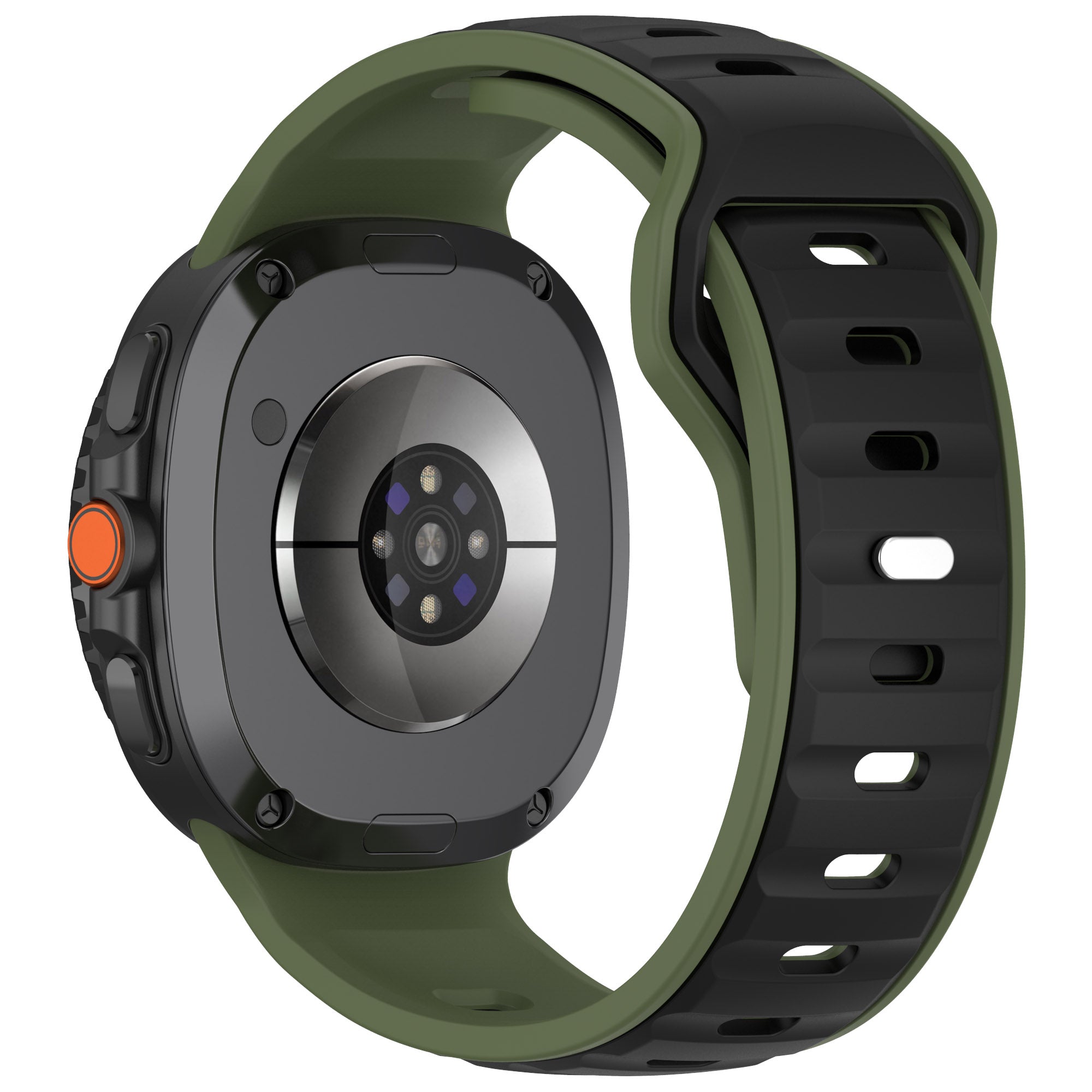 Galaxy Watch 8 smartwatch with two-tone silicone band in olive green and black, featuring round display and orange accent button