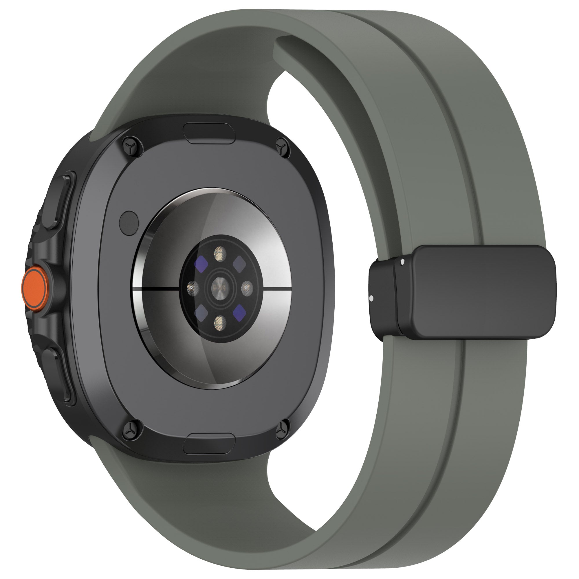 Gray silicone smartwatch band with magnetic deployant clasp for Galaxy Watch, featuring orange accent button and adjustable strap