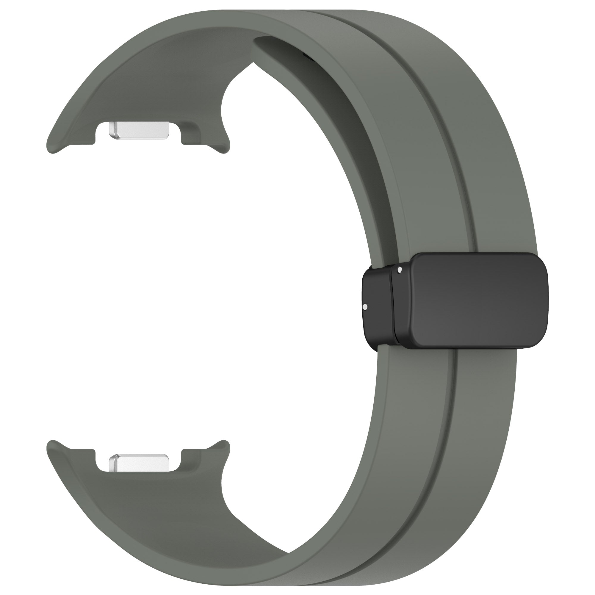 Gray silicone smartwatch band with black magnetic deployant clasp and quick-release connectors