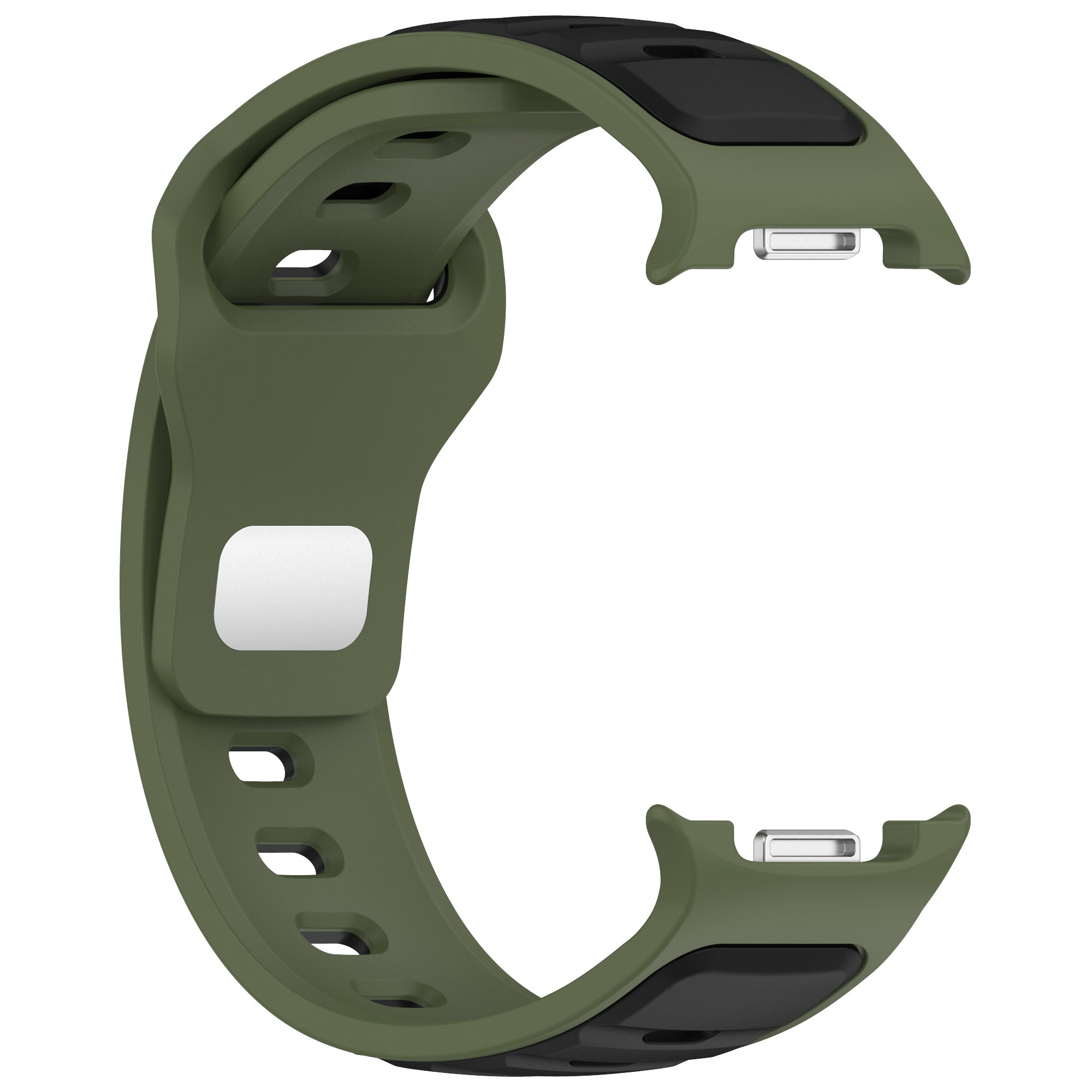 Two tone silicone smartwatch band in olive green and black with ventilation holes and silver connectors