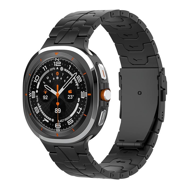 Black titanium smartwatch with orange accents, digital display showing time and stats, featuring matching black metal bracelet band