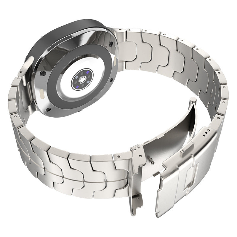 Silver titanium smartwatch with round face, digital dial, and geometric link bracelet band displayed on white background