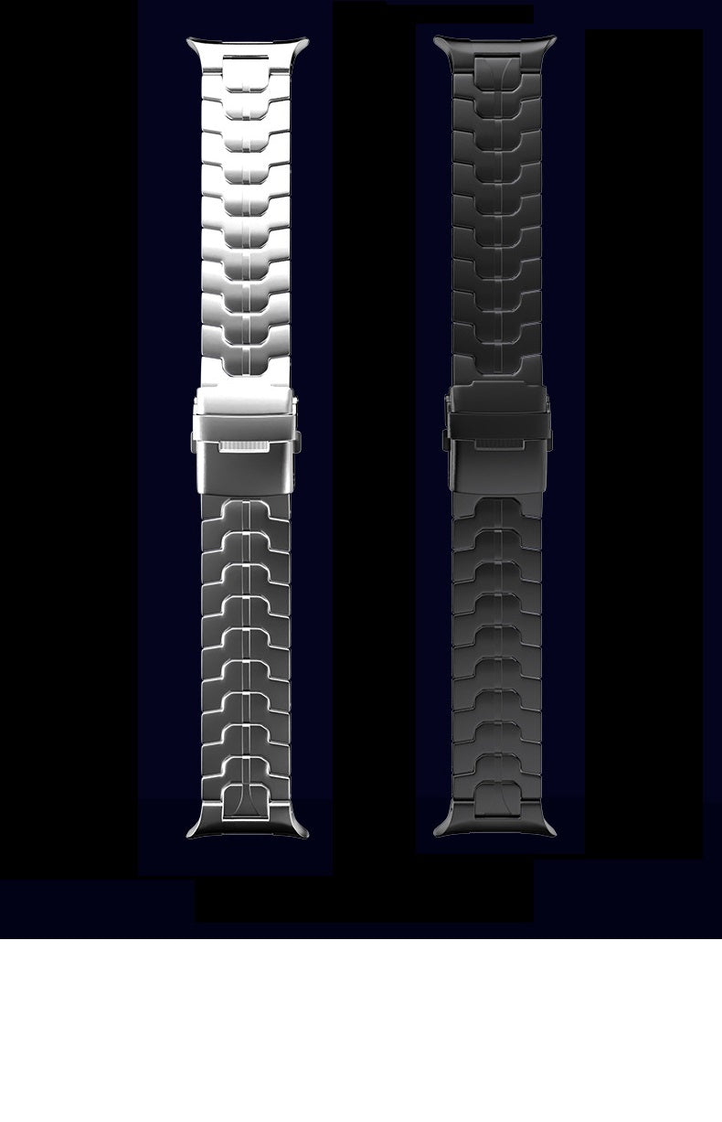 Titanium Armour Bracelet for Galaxy Watch Ultra in silver and black colorways, featuring segmented link design and secure clasp closure