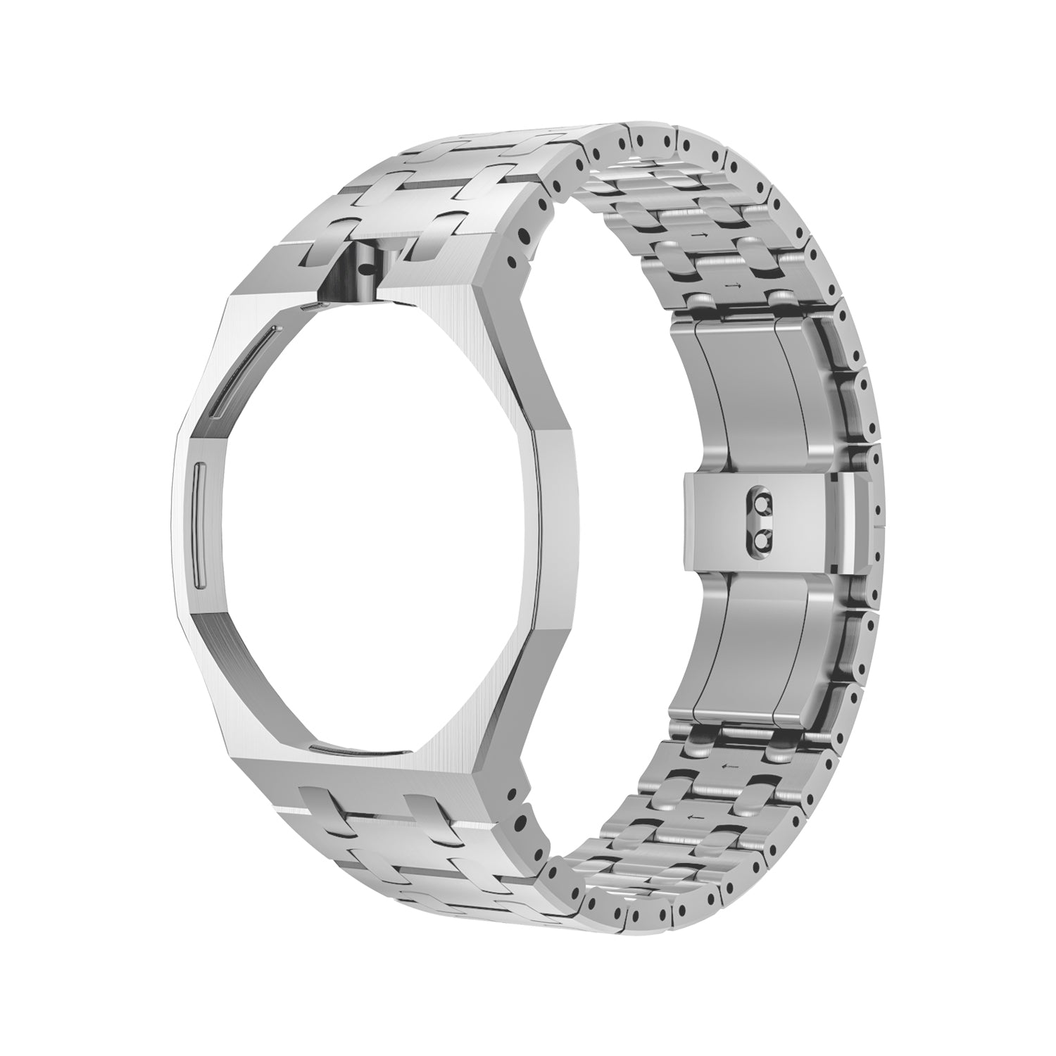 AP x Swatch Royal Pop stainless steel case and bracelet in silver, angled view