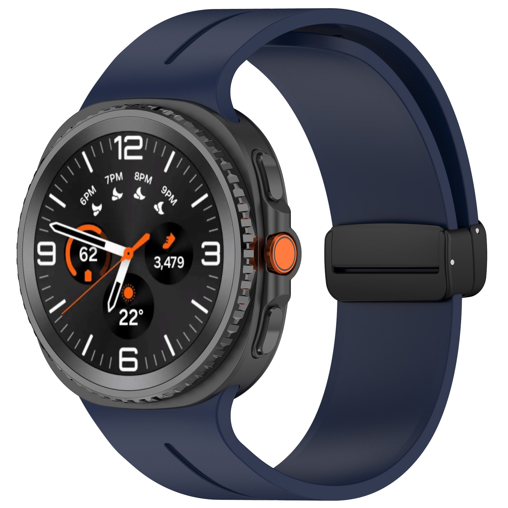 Galaxy Watch 6 Classic smartwatch with dark navy silicone band, gray metal case, black digital dial with orange accents and magnetic deployant clasp