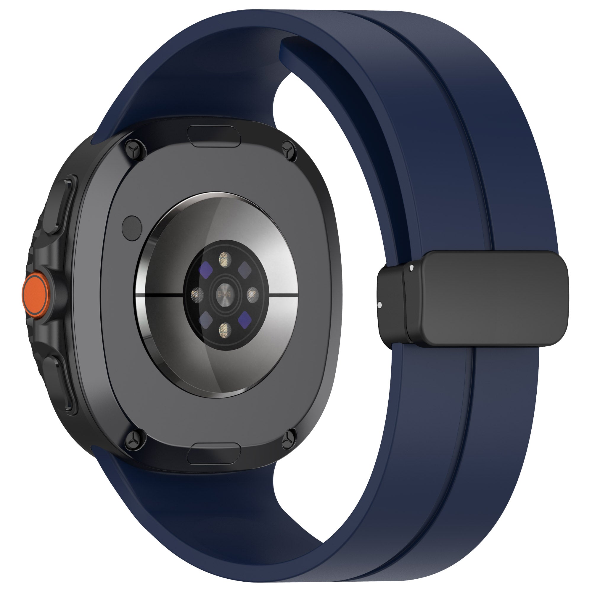 Galaxy Watch 8 with navy blue magnetic silicone band and deployant clasp, gray case with orange button