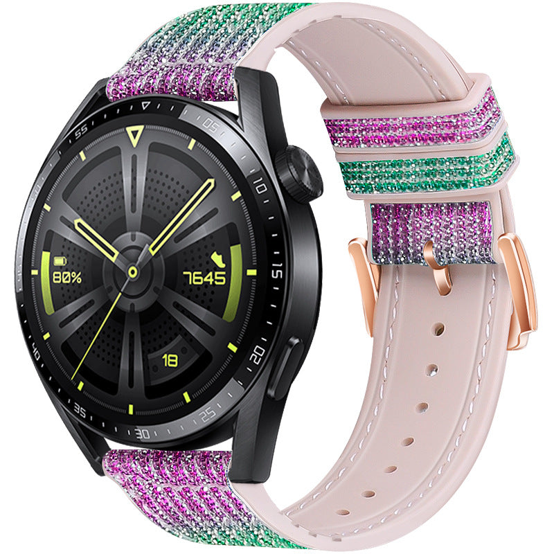 Sparkle hybrid smartwatch band with colorful glitter straps in pink, purple and teal, featuring quick release connectors and pink leather base