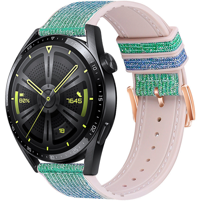 Black smartwatch with green accents and interchangeable sparkle hybrid watch bands in pink, blue, and green glitter fabric
