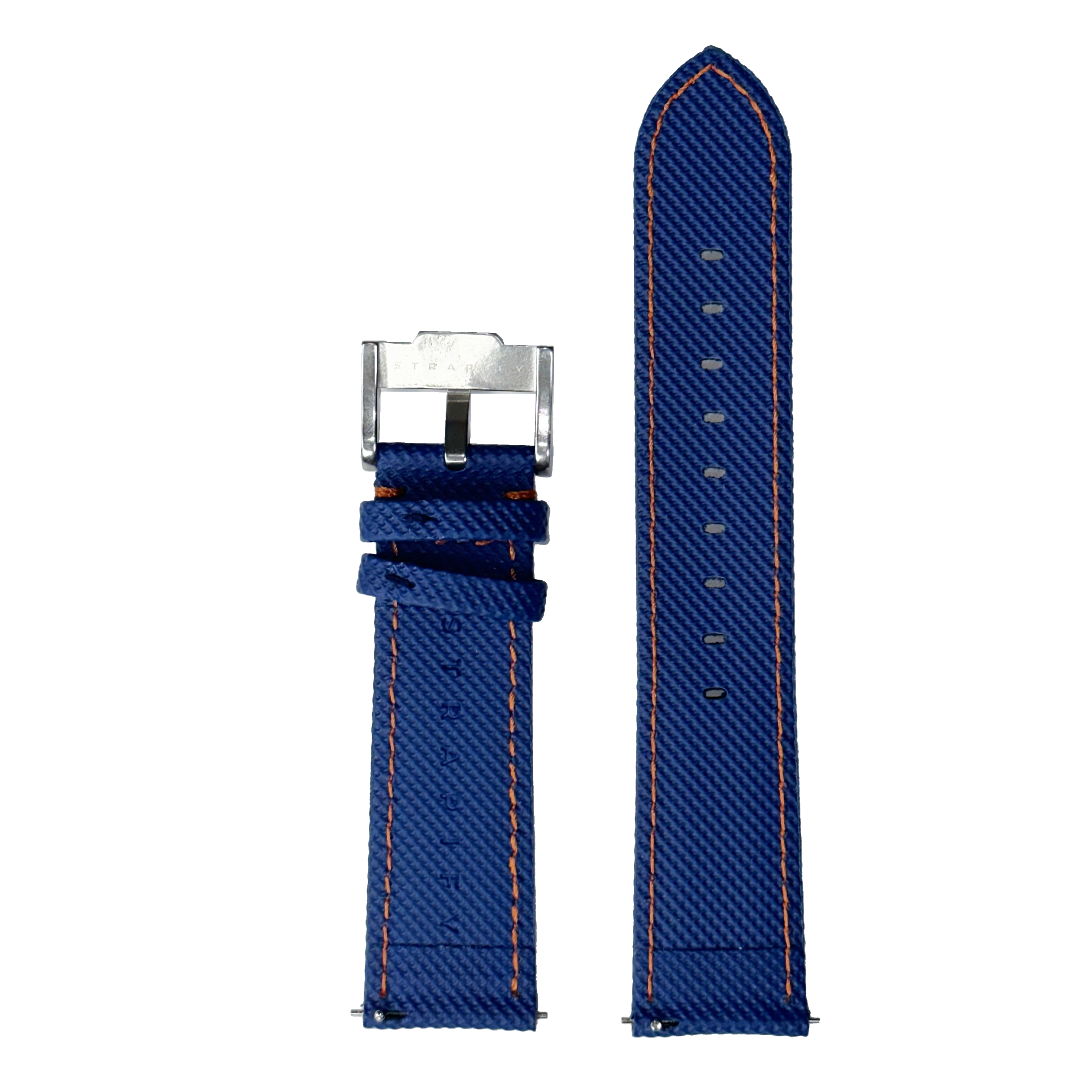 Blue sailcloth quick release watch band with orange stitching and silver buckle