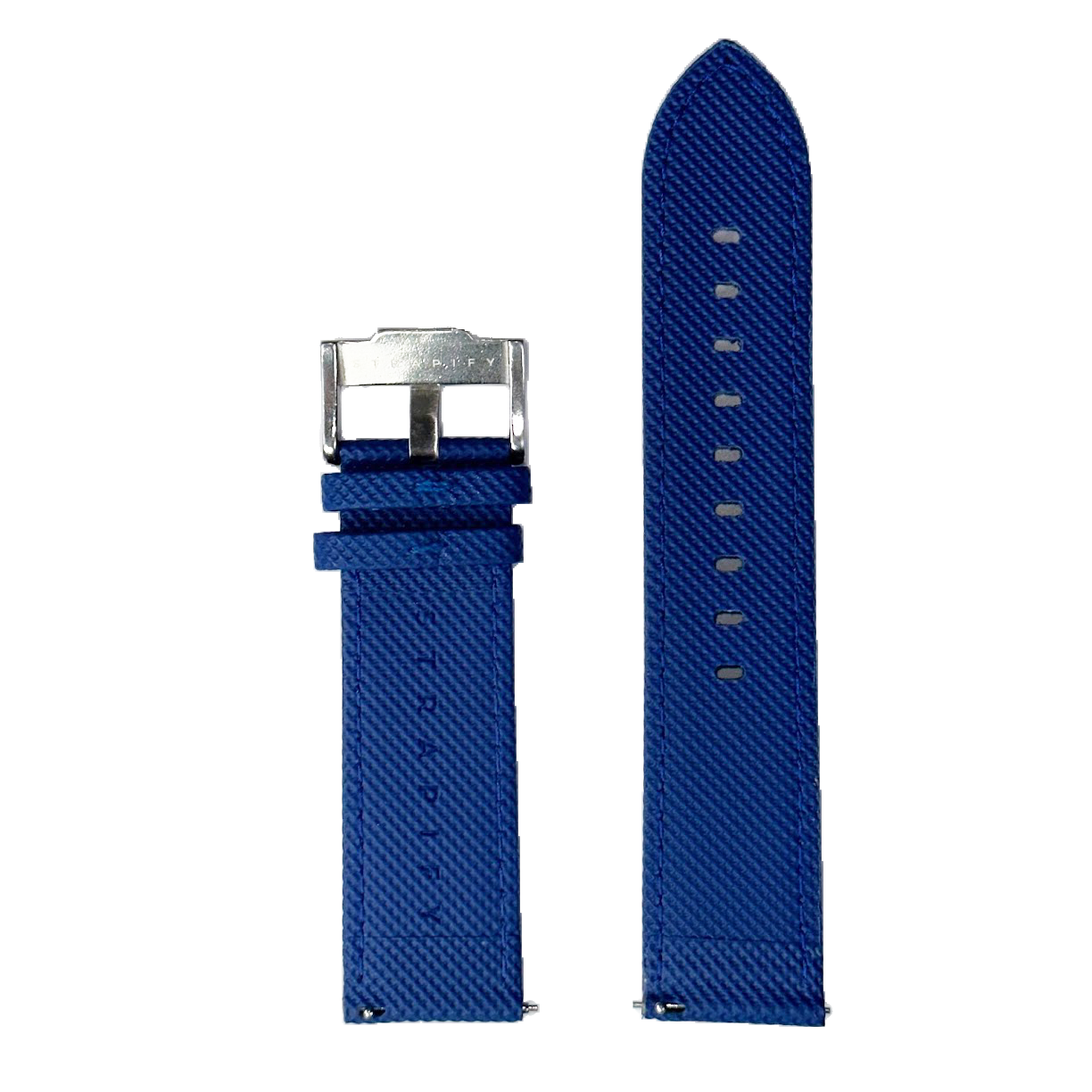 Blue sailcloth quick release watch strap with silver buckle and diagonal stitching detail