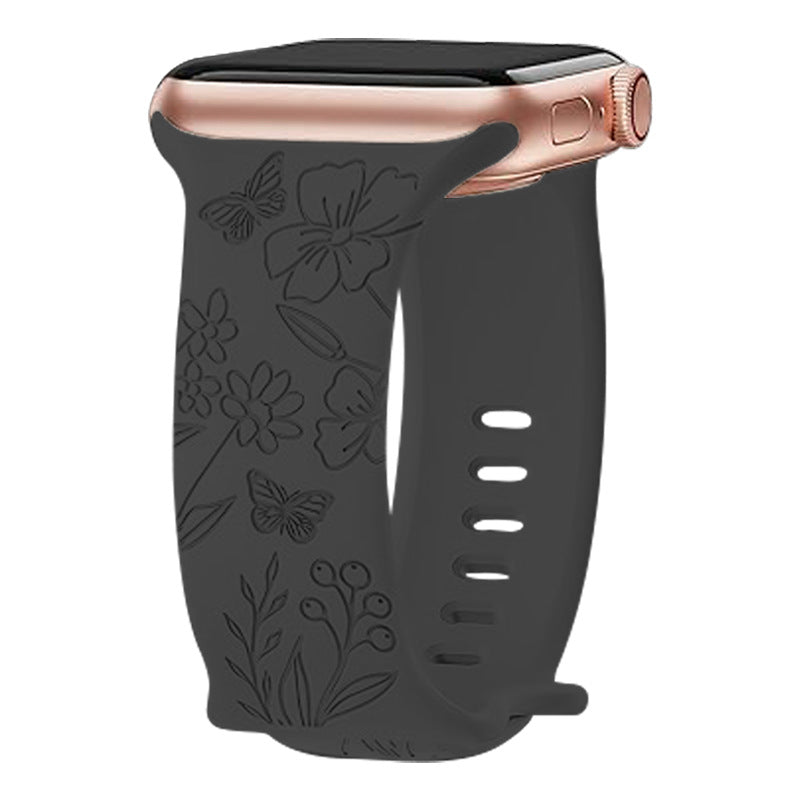 Black floral silicone band for Apple Watch with rose gold aluminum case and butterfly flower design