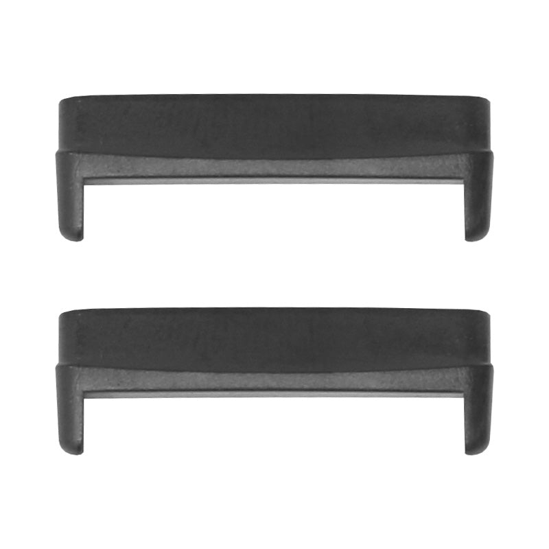 Two black metal watch band adapters for Fitbit smartwatch compatibility with 20mm straps