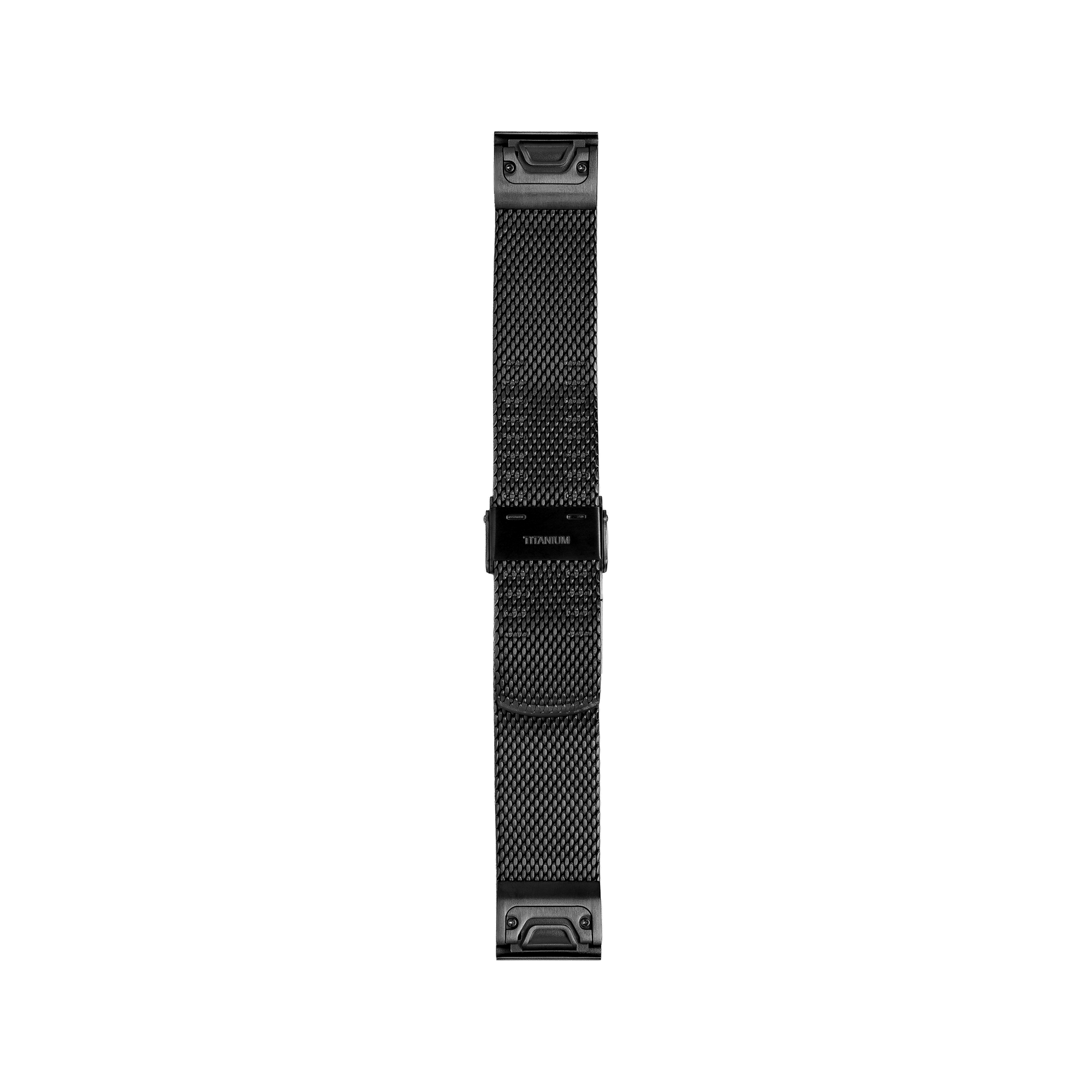 Black titanium mesh watch band with quick-fit connector system and adjustable clasp closure