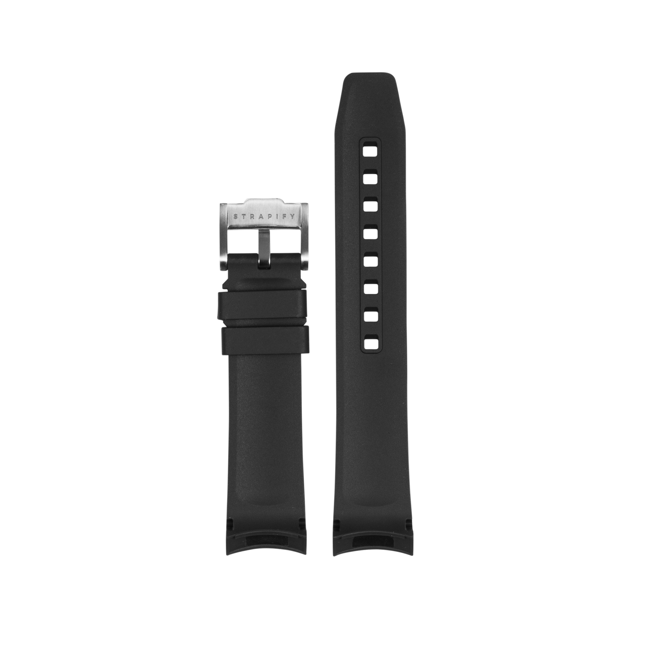 Black rubber watch strap with stainless steel buckle, featuring white square perforations and curved design, compatible with Tudor timepieces