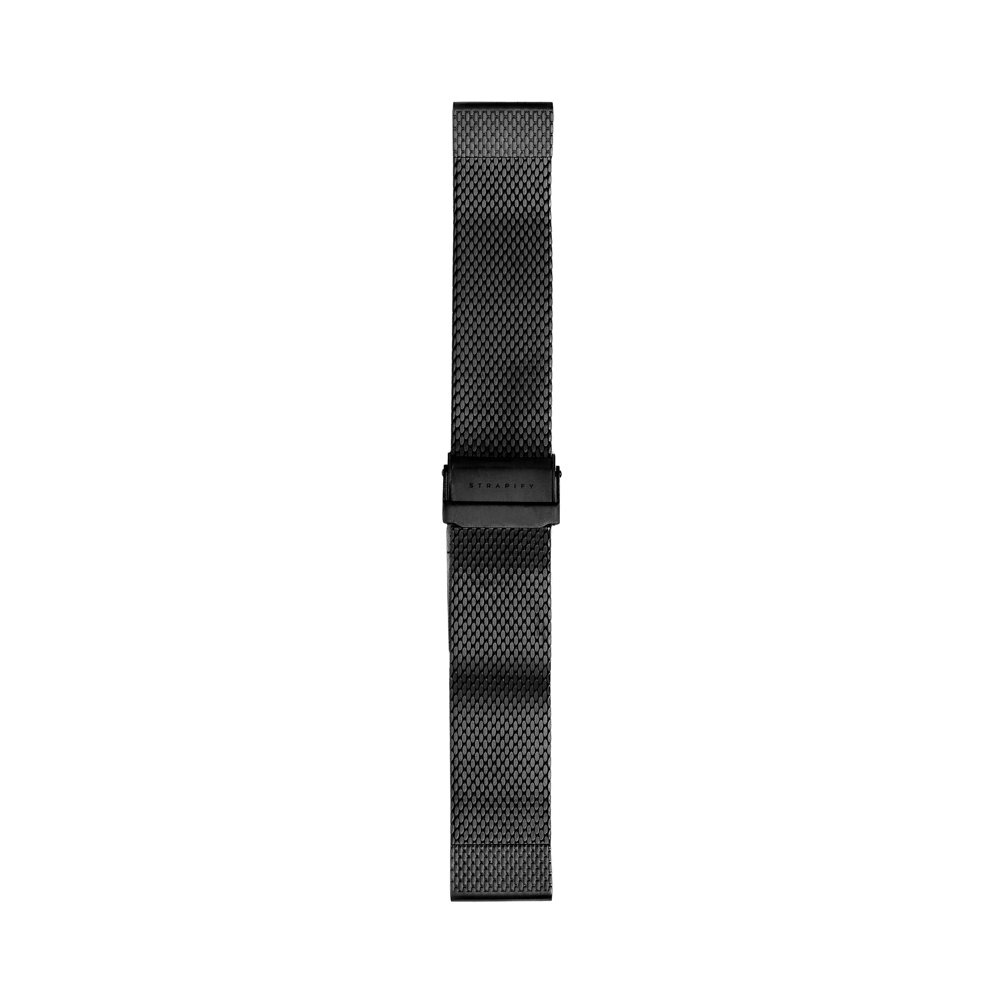 Black mesh watch band with magnetic closure and titanium hardware, interchangeable QuickFit strap