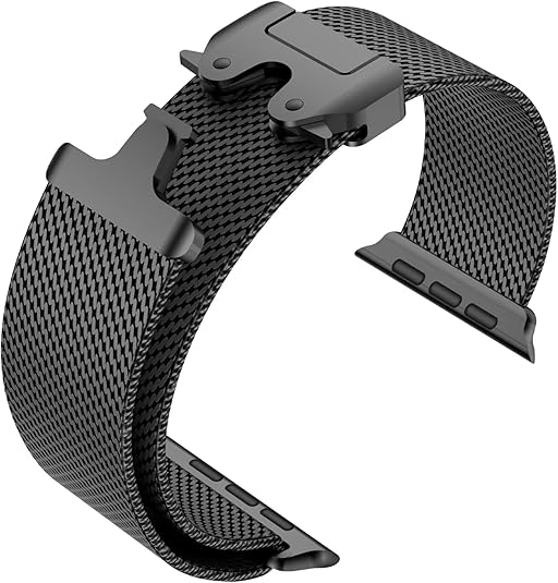 Black stainless steel Milanese loop smartwatch band with magnetic closure and adjustable mesh design