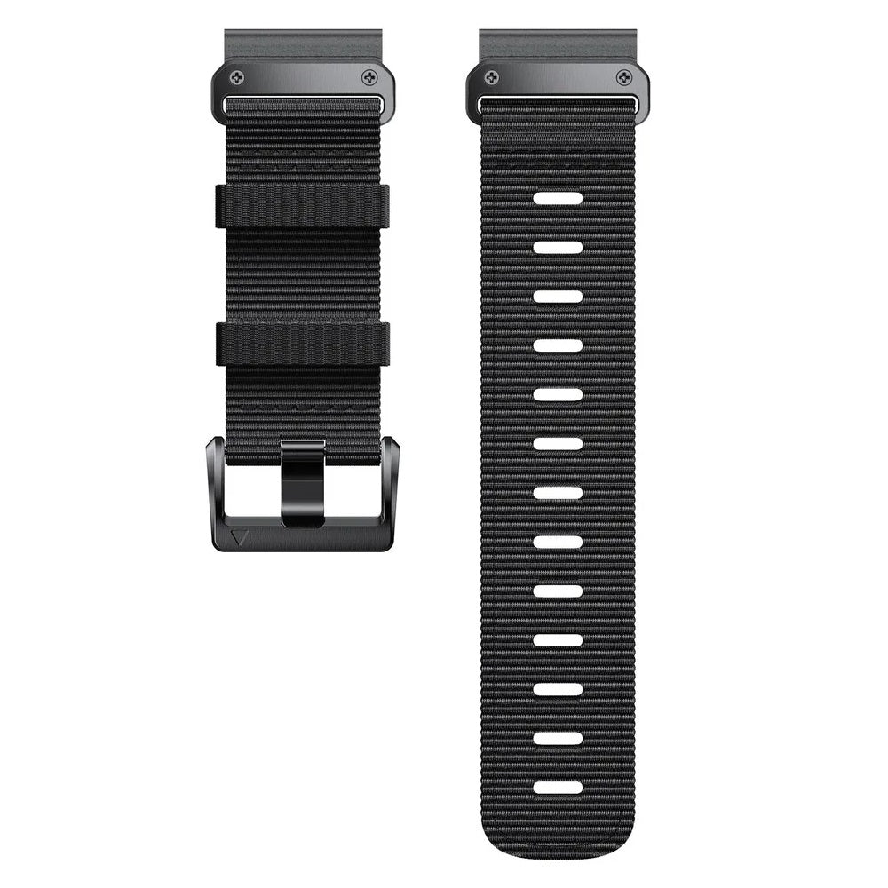 Black nylon QuickFit watch band with metal buckle and adjustment slots for secure fastening