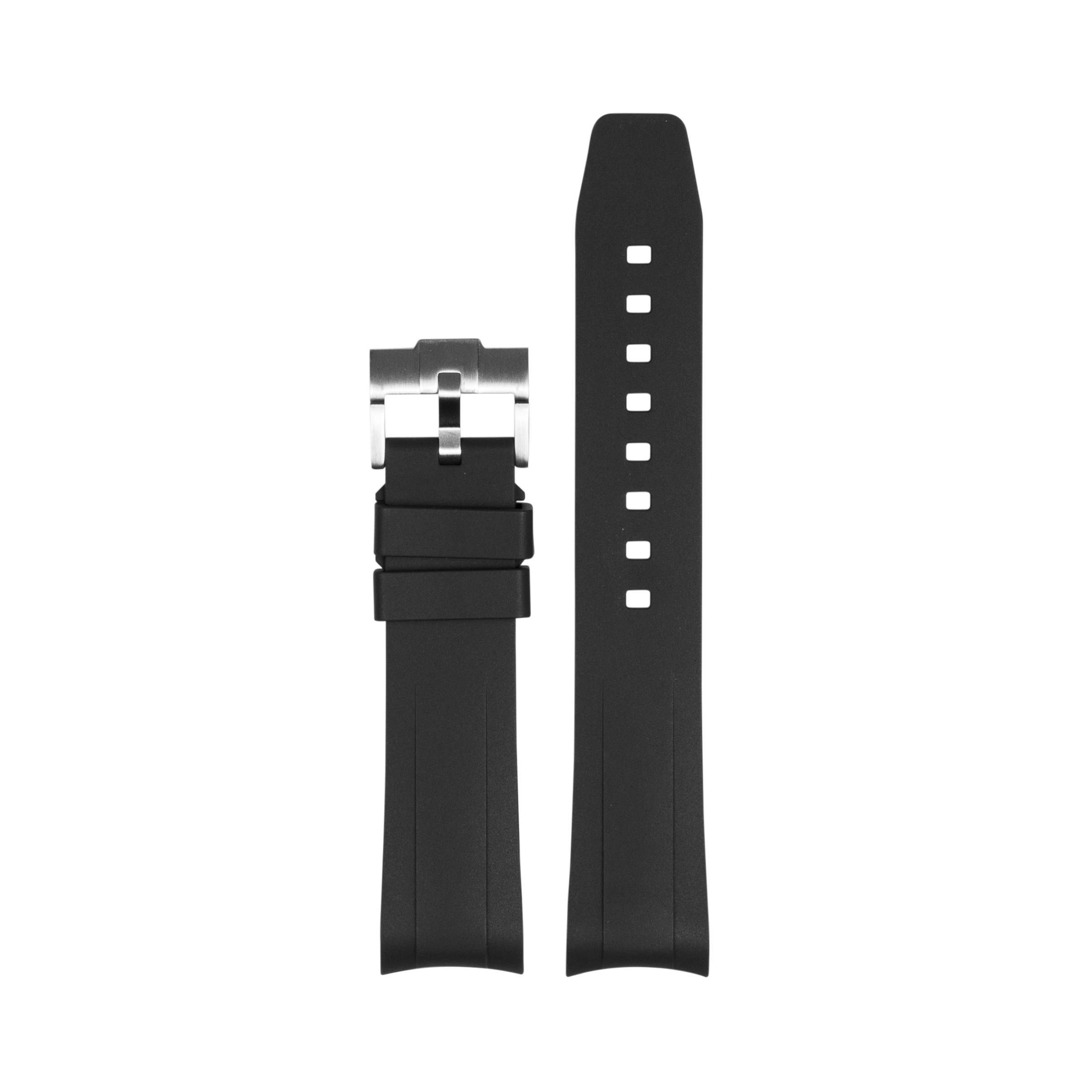 Black rubber watch strap with steel buckle for Tudor Black Bay 58, featuring perforated detailing and secure fastening system