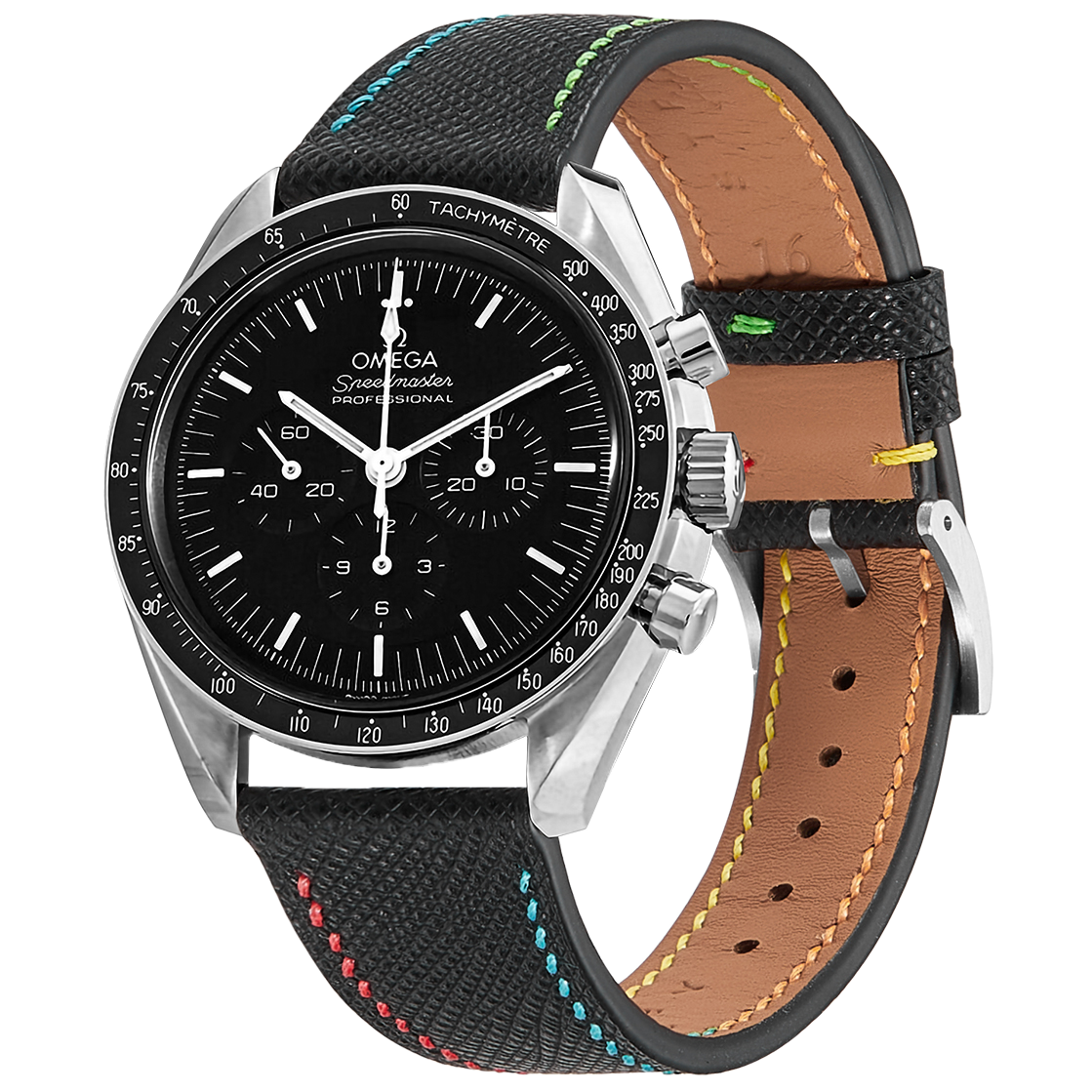 Omega Speedmaster Professional chronograph watch with black dial, tachymetre bezel, steel case, and black fabric strap with rainbow stitching and tan leather lining