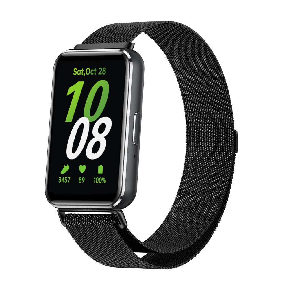 Black Milanese mesh smartwatch band with square display showing time, steps, heart rate and battery percentage