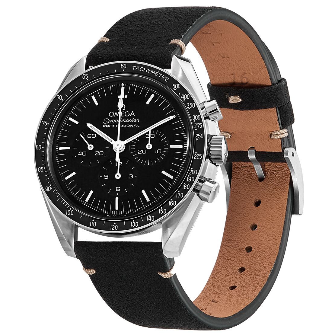Omega Speedmaster Professional chronograph watch with black dial and tachymetre bezel on black Alcantara leather strap with quick release