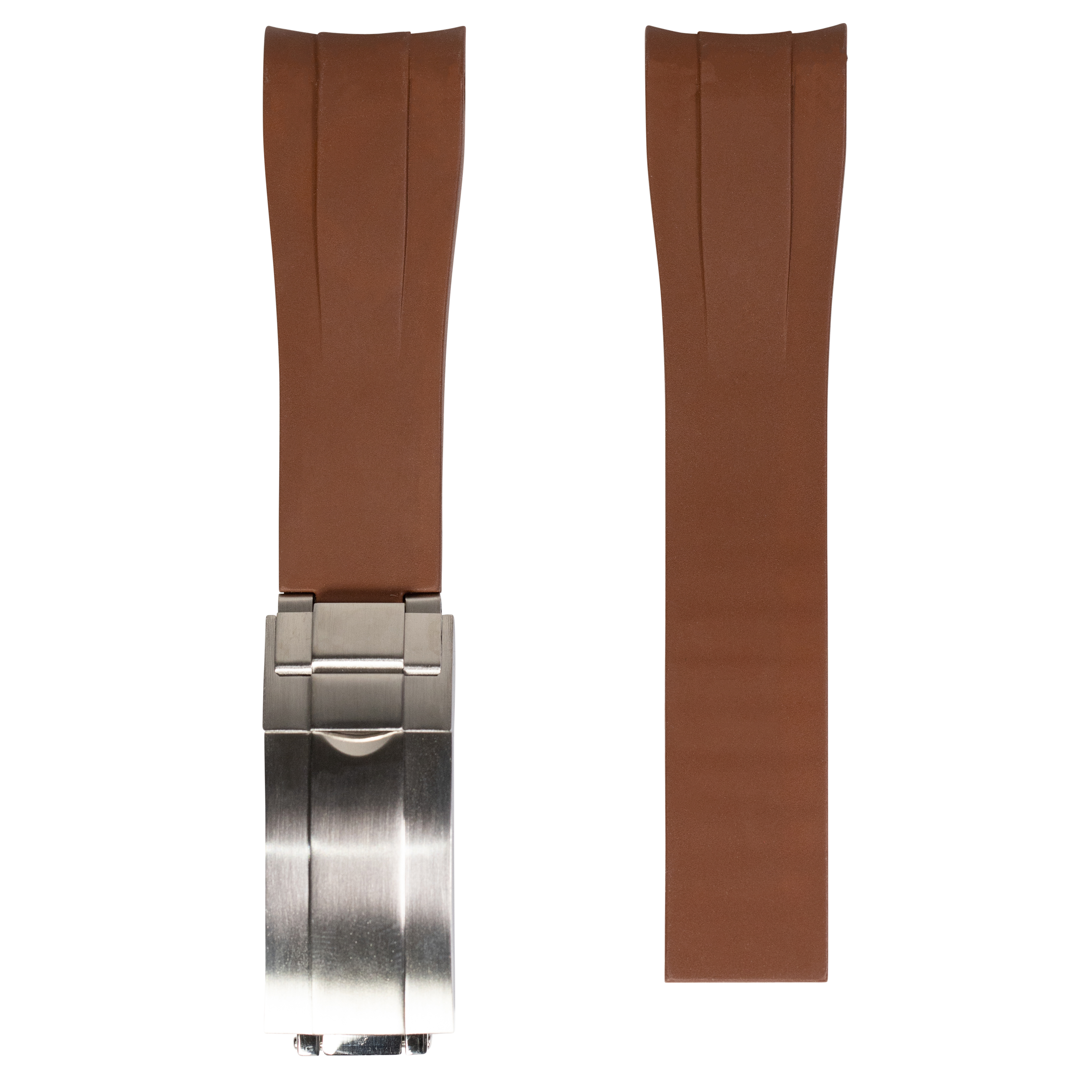 Brown curved rubber watch strap with stainless steel oyster clasp and deployment buckle