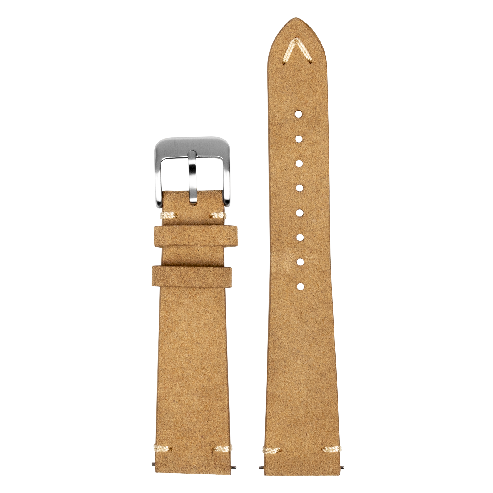 Tan suede leather watch strap with quick release pins, silver buckle, and white contrast stitching