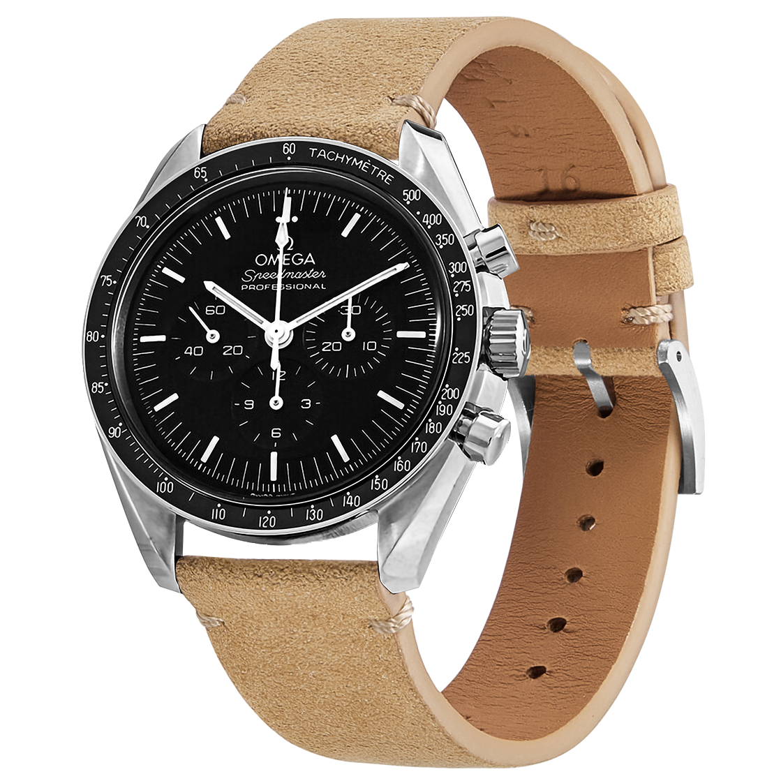 Omega Speedmaster Professional chronograph watch with black dial and tan suede leather quick release strap