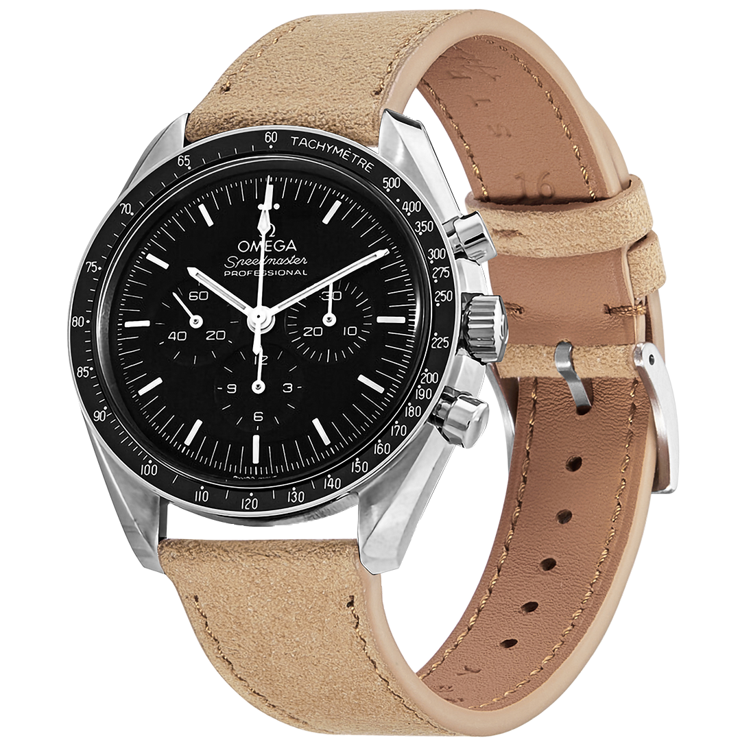 Omega Speedmaster Professional chronograph watch with black dial and stainless steel case on brown Alcantara quick release leather strap